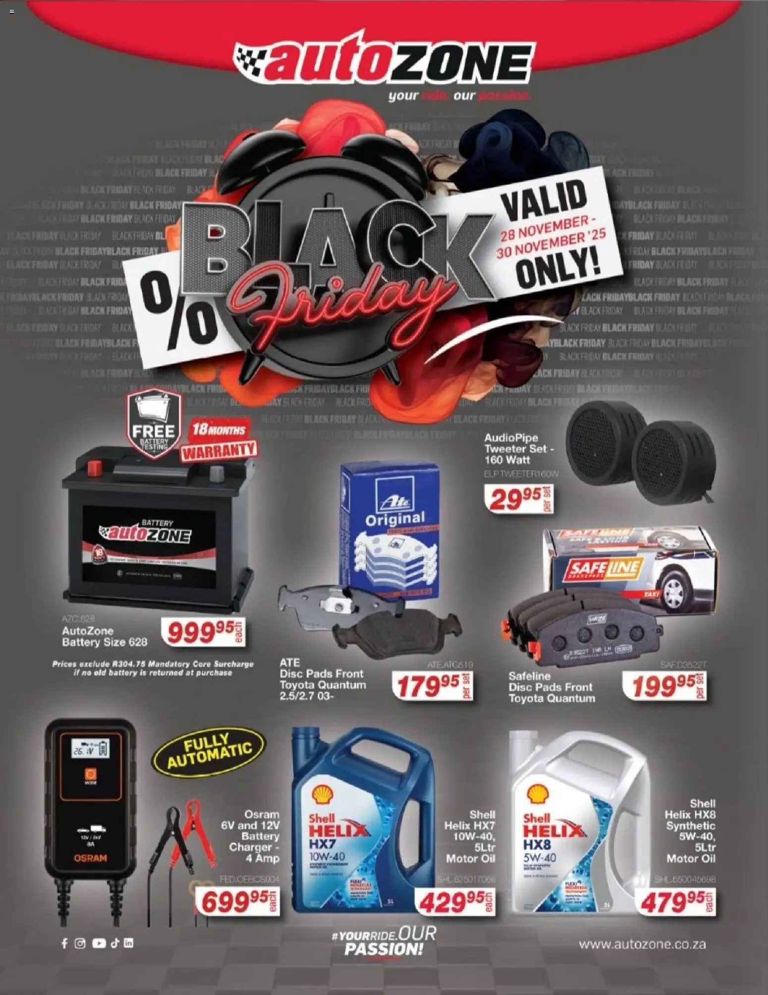 New AutoZone catalogue – valid from 28.11.2025 | Page: 2 | Products: Battery, Pads, Charger, Oil