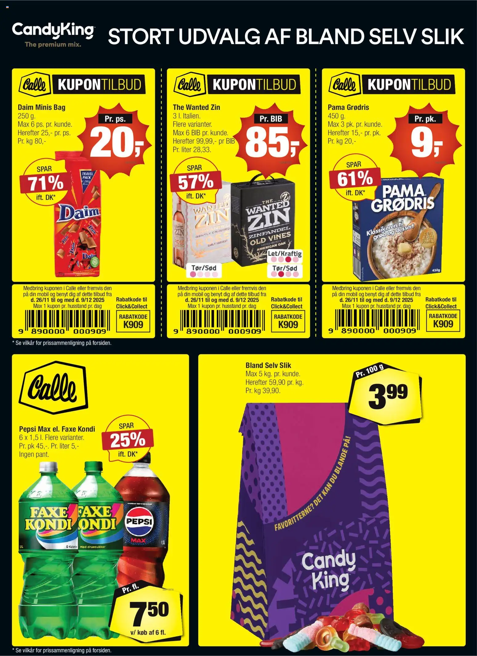 Calle tilbudsavis – gyldig fra 26.11.2025 | Side: 1 | Produkter: Slik, Faxe Kondi, Pepsi, Pepsi Max