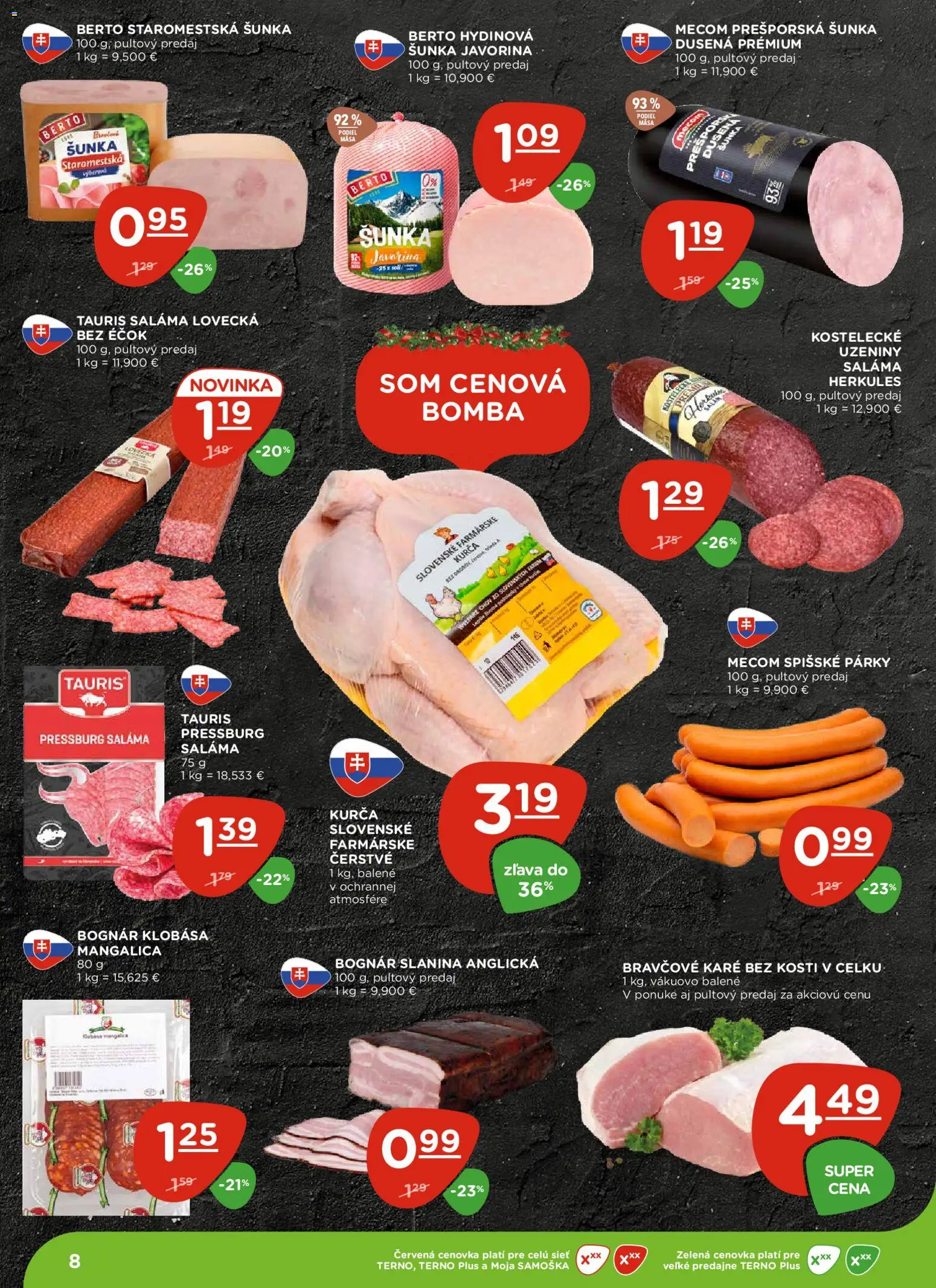 Nové Terno akcie – leták je platný od 11.12.2025 | Strana: 8 | Produkty: Šunka, Slanina, Párky, Kurča