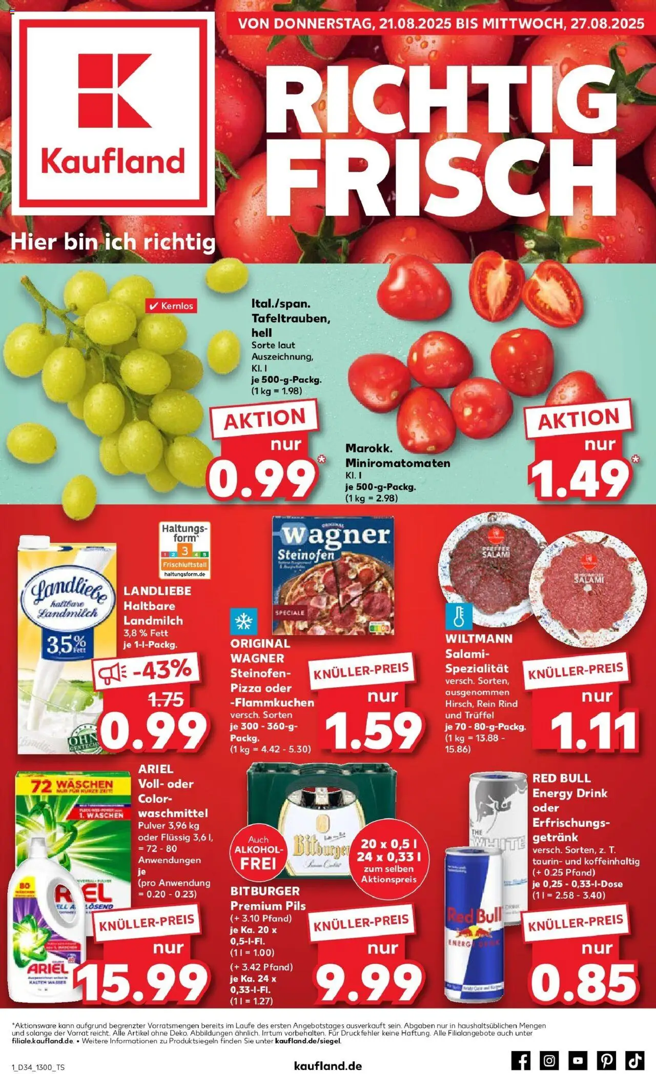 Kaufland prospekt Bergisch Gladbach	 - gültig ab dem 21.08.2025 | Seite: 1 | Produkte: Red bull, Ariel, Pils, Salami