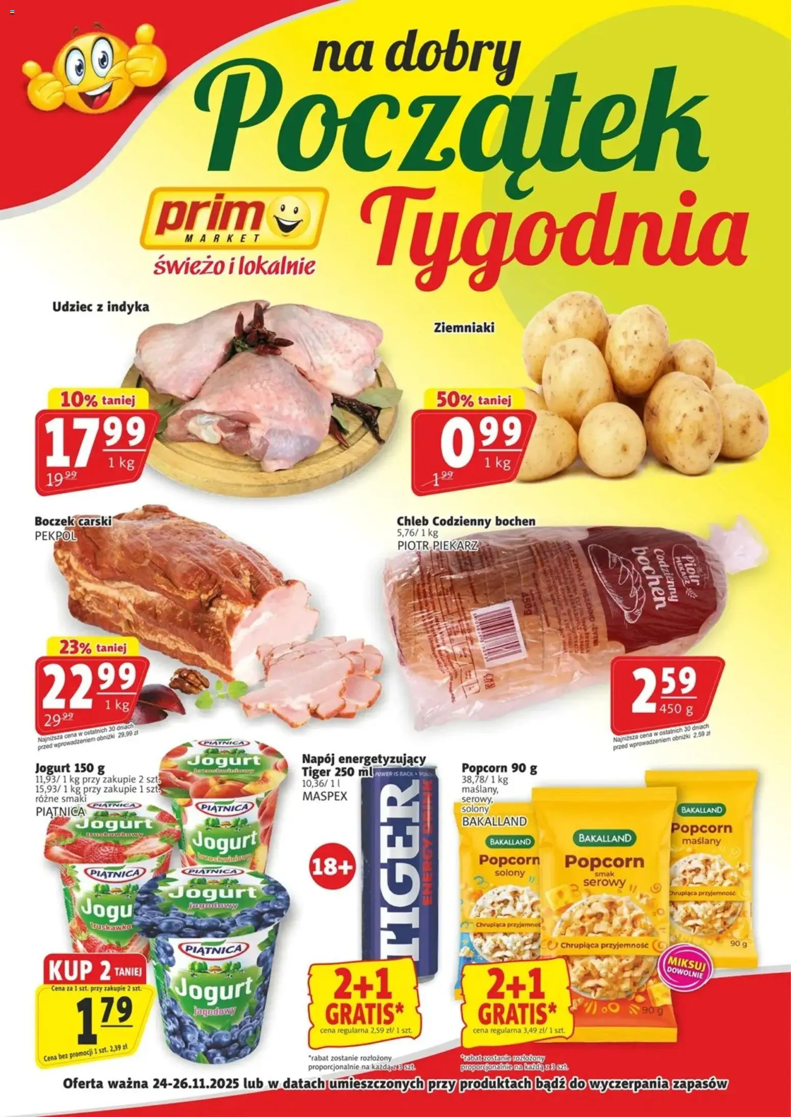 Prim Market Gazetka - Na dobry początek tygodnia od 24.11.2025 | Strona: 1 | Produkty: Boczek, Jogurt, Chleb, Ziemniaki