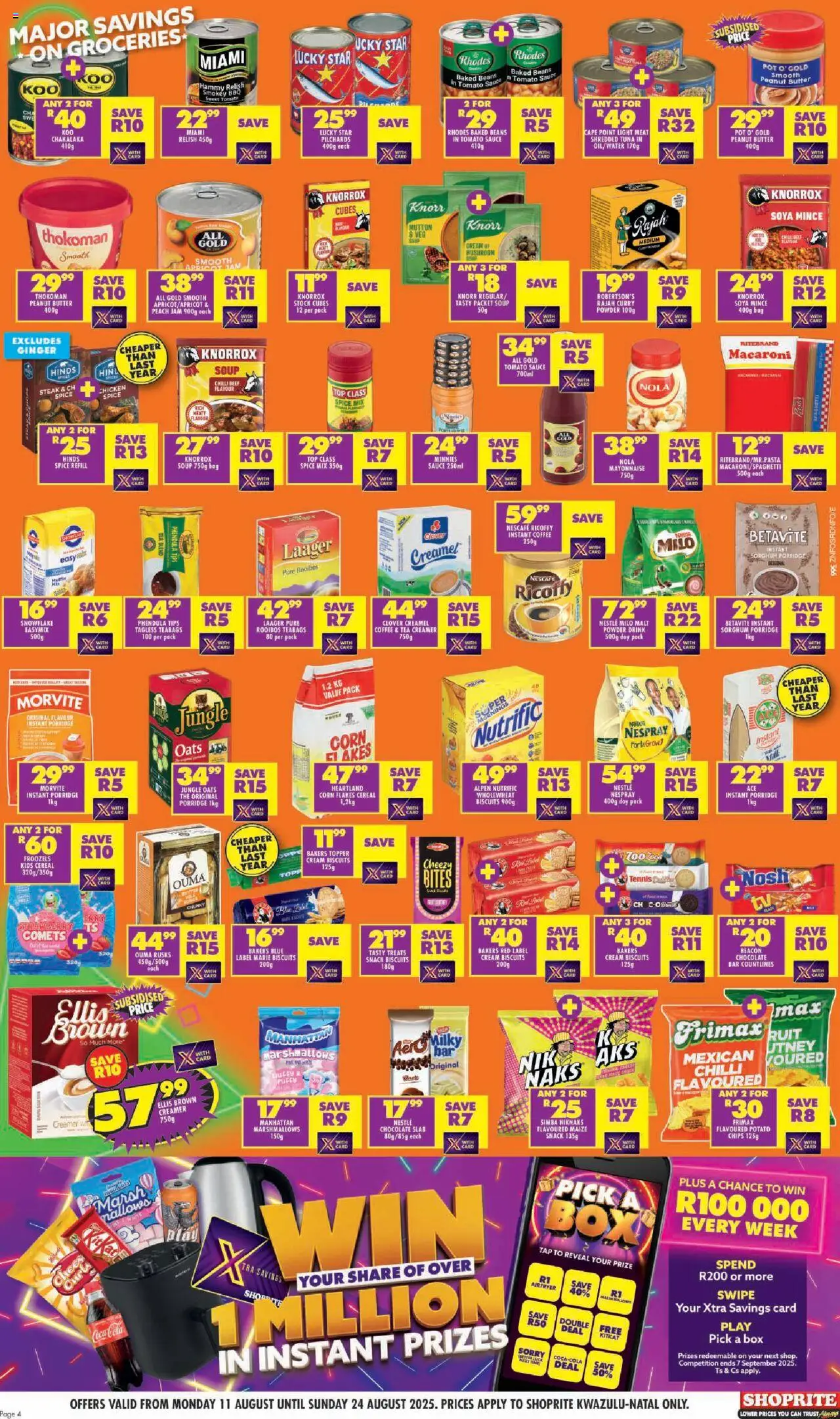 Shoprite Specials │ valid from 11.08.2025 | Page: 4 | Products: Pilchards, Corn, Tuna, Peach