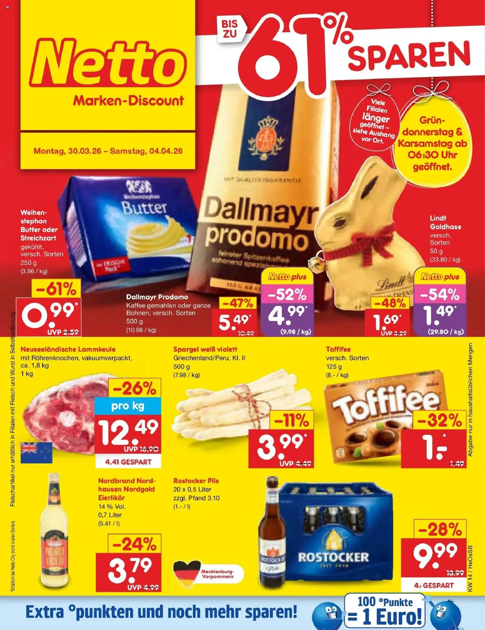 Netto Marken-Discount Prospekt Kröpelin	 – gültig ab 30.03.2026 | Seite: 1 | Produkte: Kaffee, Dallmayr, Dallmayr prodomo, Fleisch