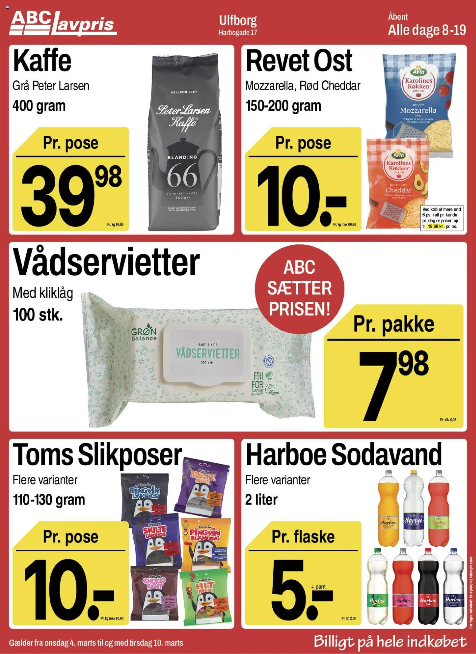 Abc Lavpris tilbudsavis – gyldig fra 04.03.2026 | Side: 1 | Produkter: Ost, Kaffe, Sodavand, Mozzarella