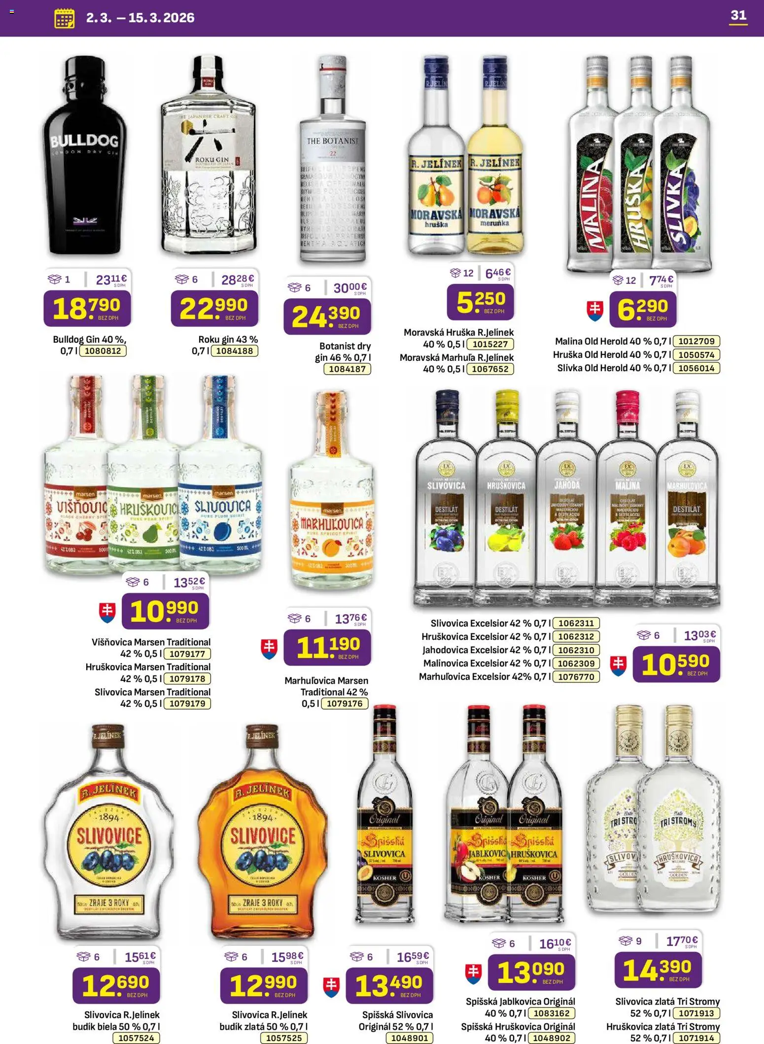 Nové Libex akcie – leták je platný od 02.03.2026 | Strana: 31 | Produkty: Slivovica, Gin, Budík, Destilát
