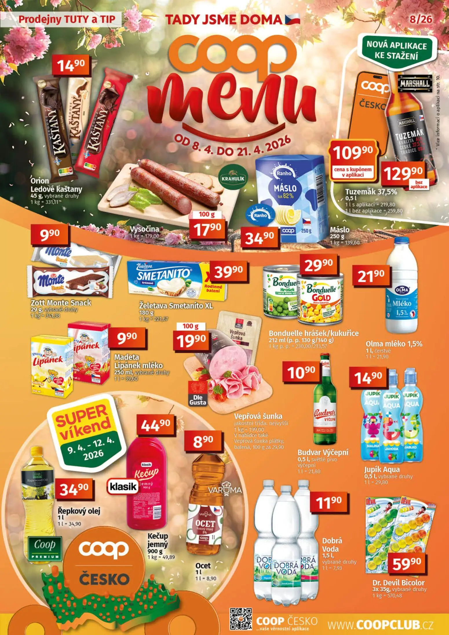 Konzum leták od 08.04.2026 | Strana: 1 | Produkty: Budvar, Mléko, Kečup, Hrášek