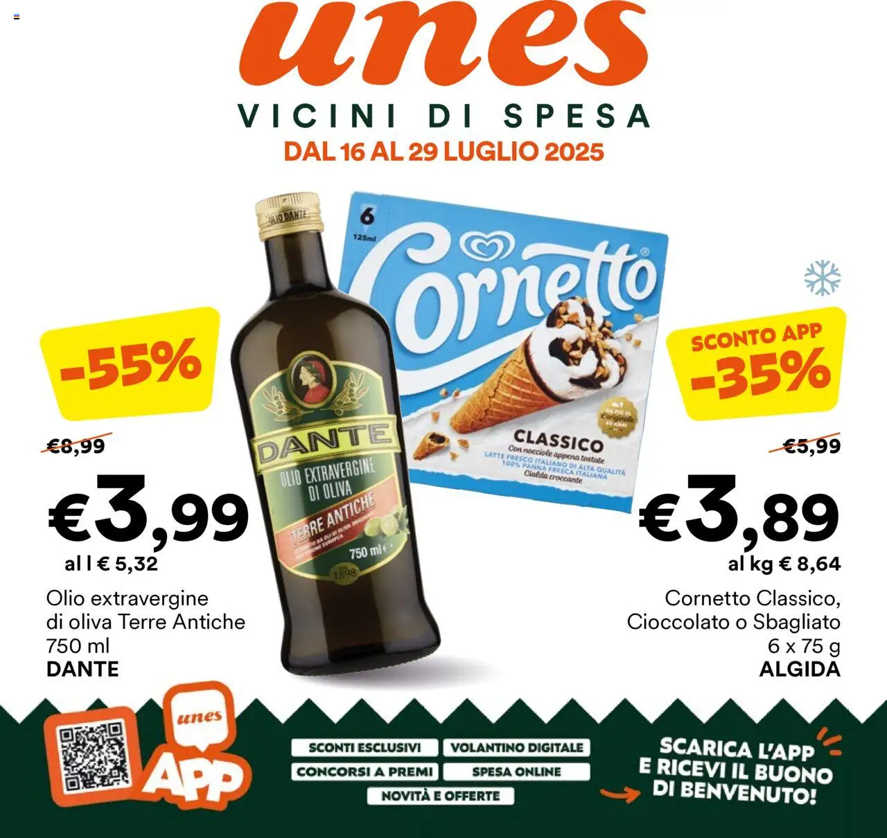 Volantino Unes del 16.07.2025 | Pagina: 1 | Prodotti: Cioccolato, Cornetto, Panna, Nocciole
