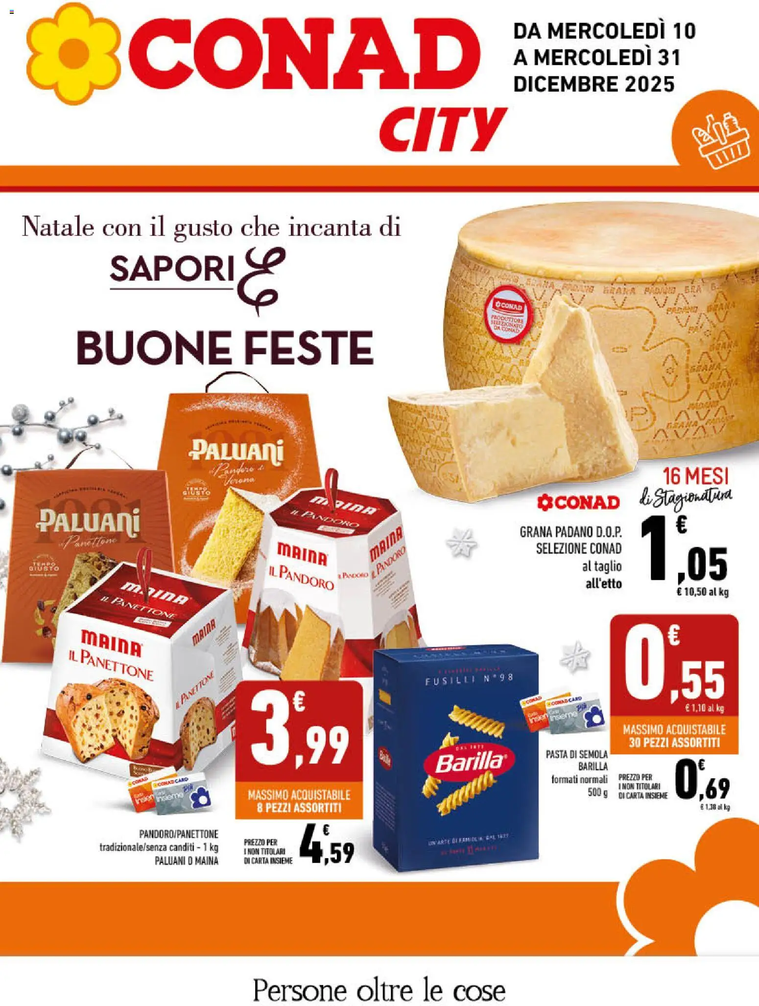 Volantino Conad del 10.12.2025 | Pagina: 1 | Prodotti: Pasta, Pandoro, Fusilli, Grana Padano