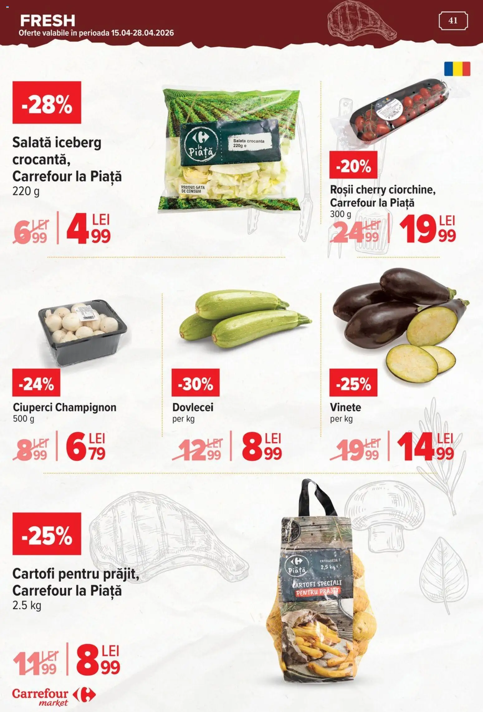 Noul catalog Carrefour – valabil de la 15.04.2026 | Pagină: 42 | Produse: Ciuperci, Roșii, Salată, Cartofi