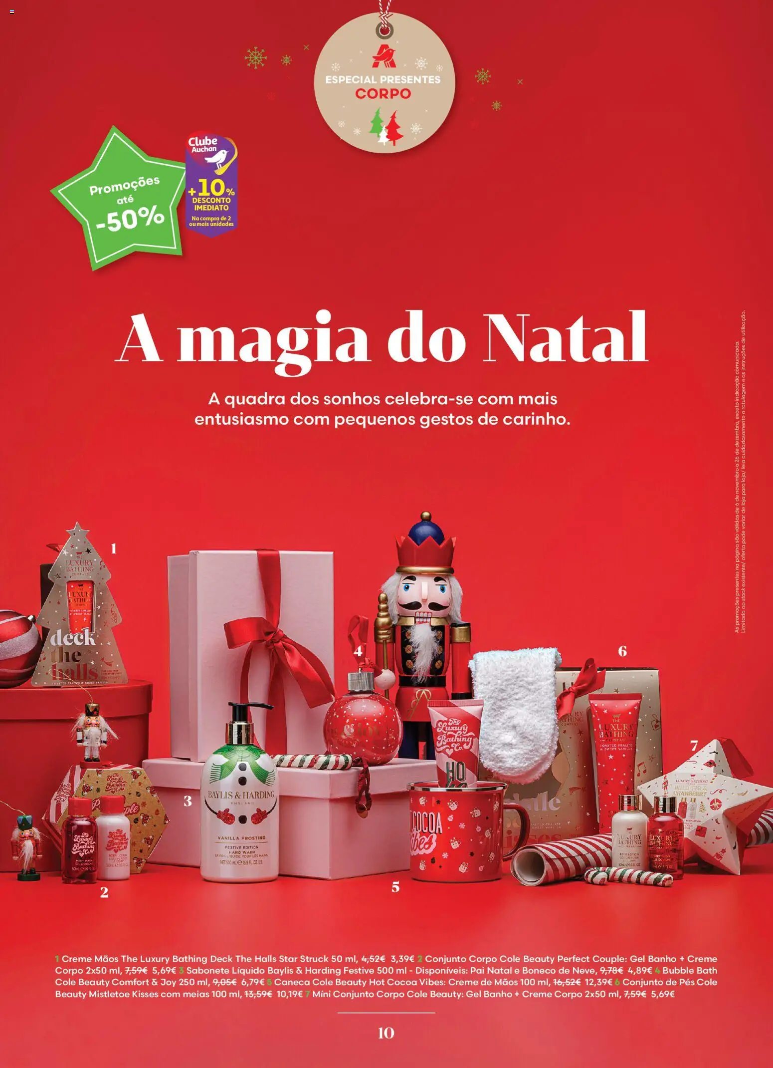 Auchan - Vem aí o Natal │ válido de 06.11.2025 | Página: 10 | Produtos: Sabonete líquido, Caneca, Creme, Meias