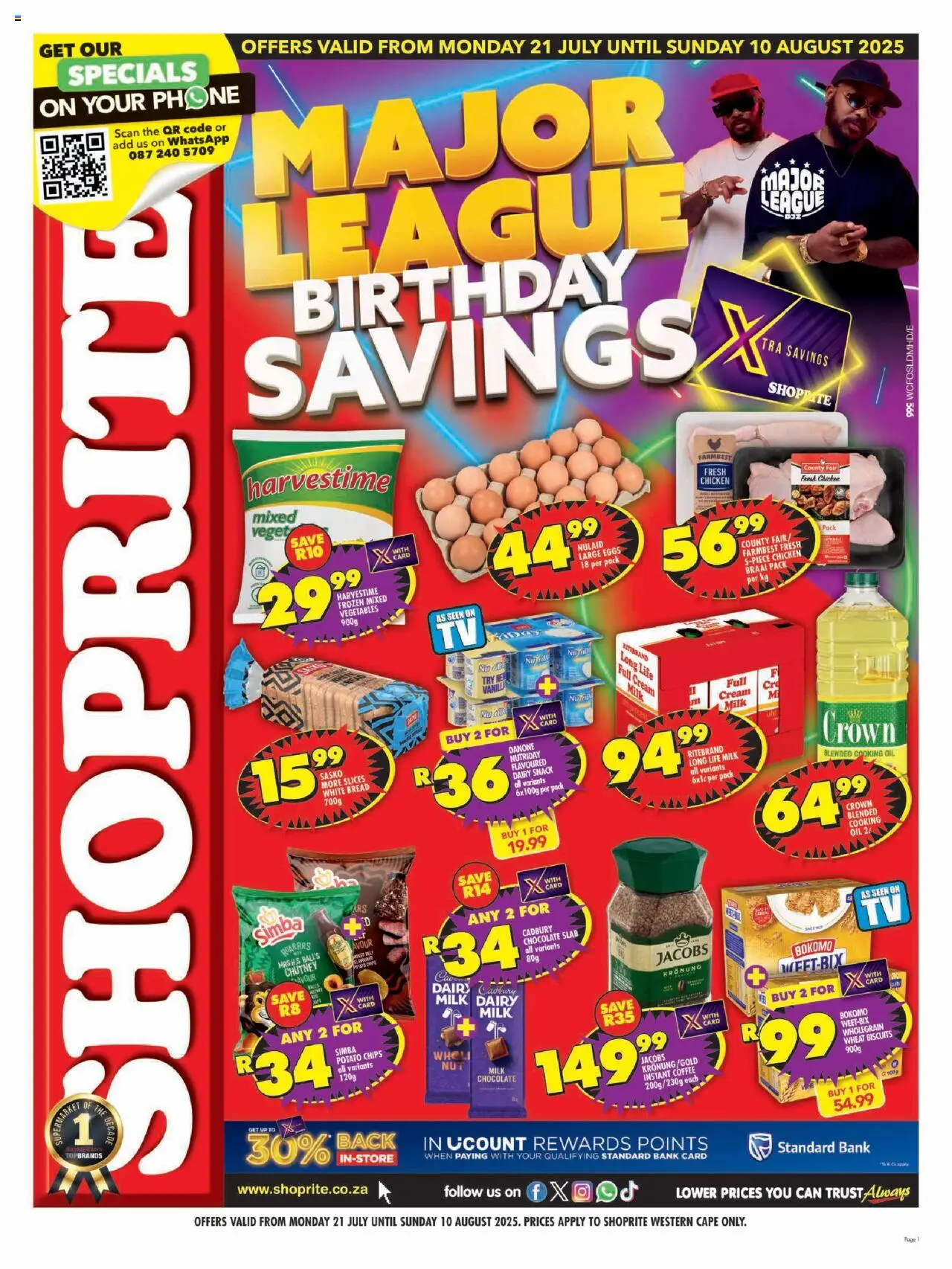 Shoprite Western Cape - Major Deals Extra │ valid from 21.07.2025 | Page: 1 | Products: Oil, Biscuits, Chips, Cream
