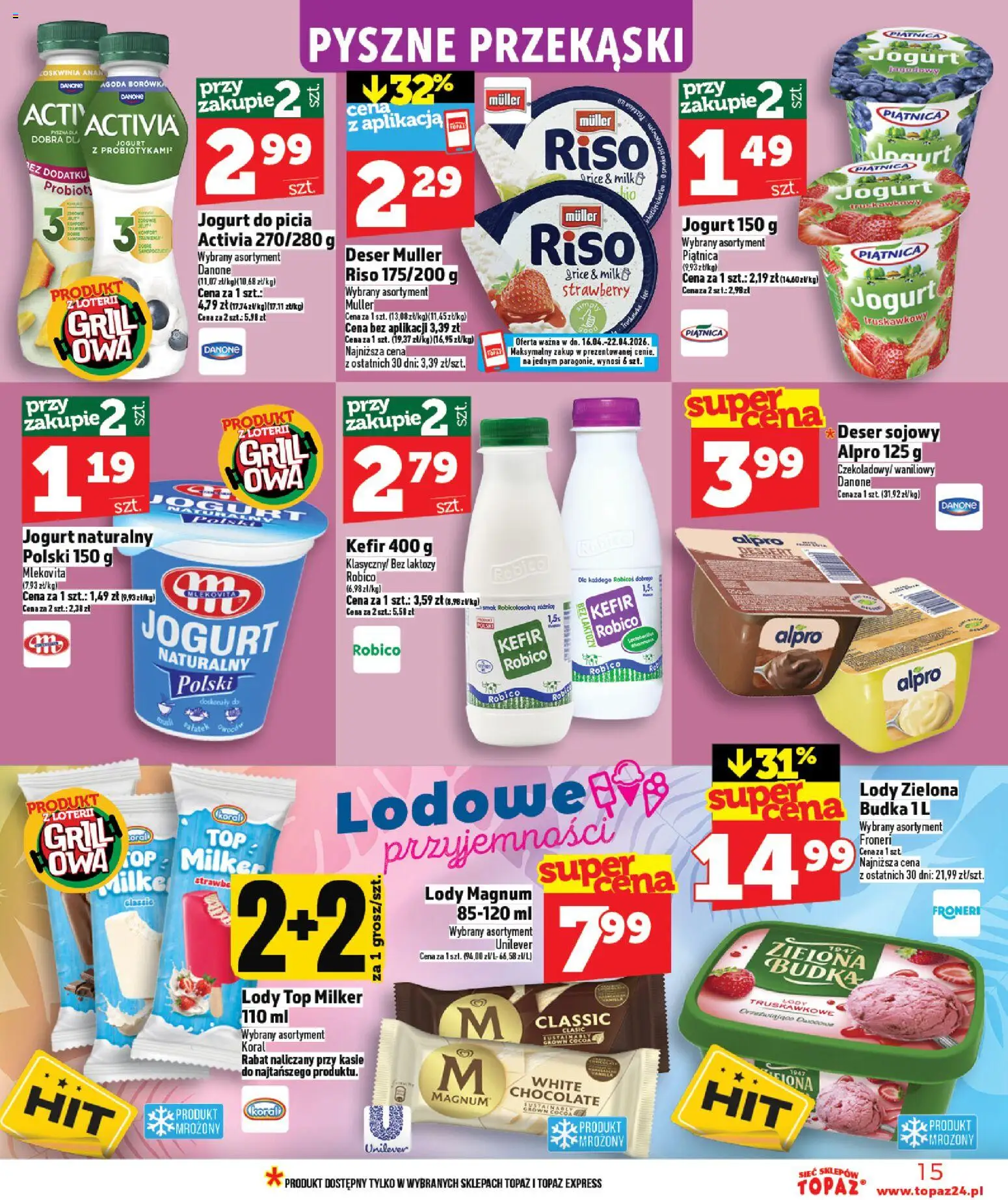 Topaz gazetka - MAZ od 16.04.2026 | Strona: 15 | Produkty: Kefir, Alpro, Grill, Jogurt naturalny