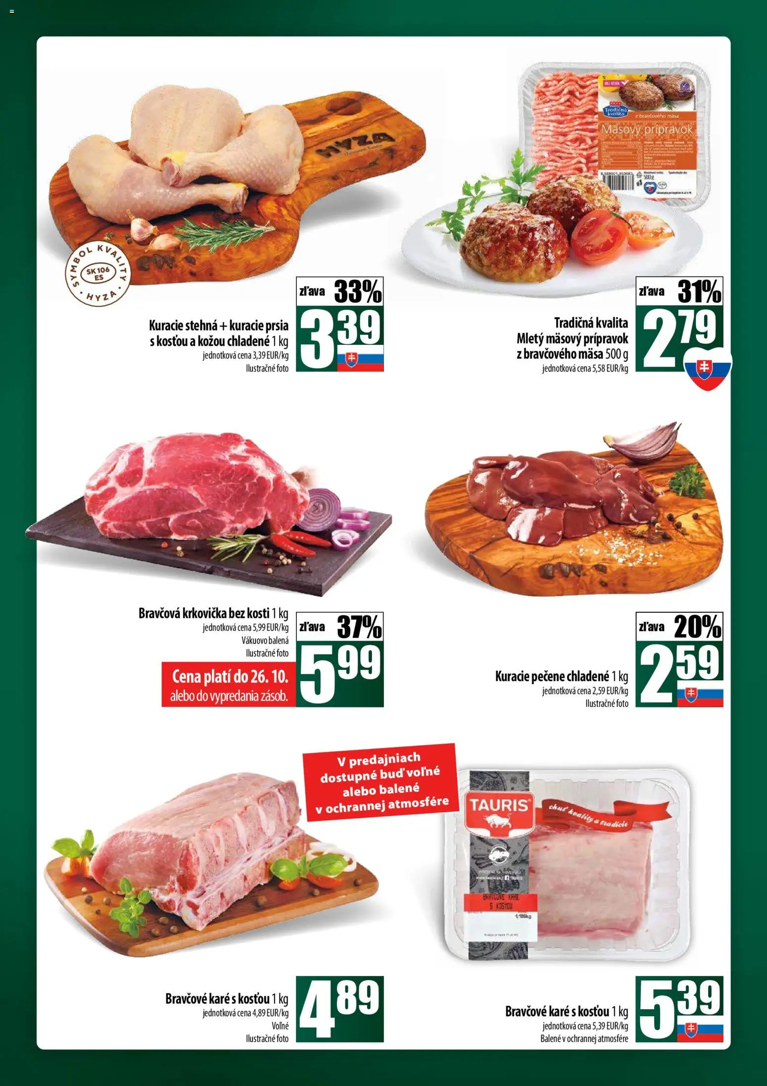Nové COOP Jednota akcie – leták je platný od 23.10.2025 | Strana: 14 | Produkty: Bravčová krkovička, Kuracie prsia, Kuracie stehná, Bravčové karé