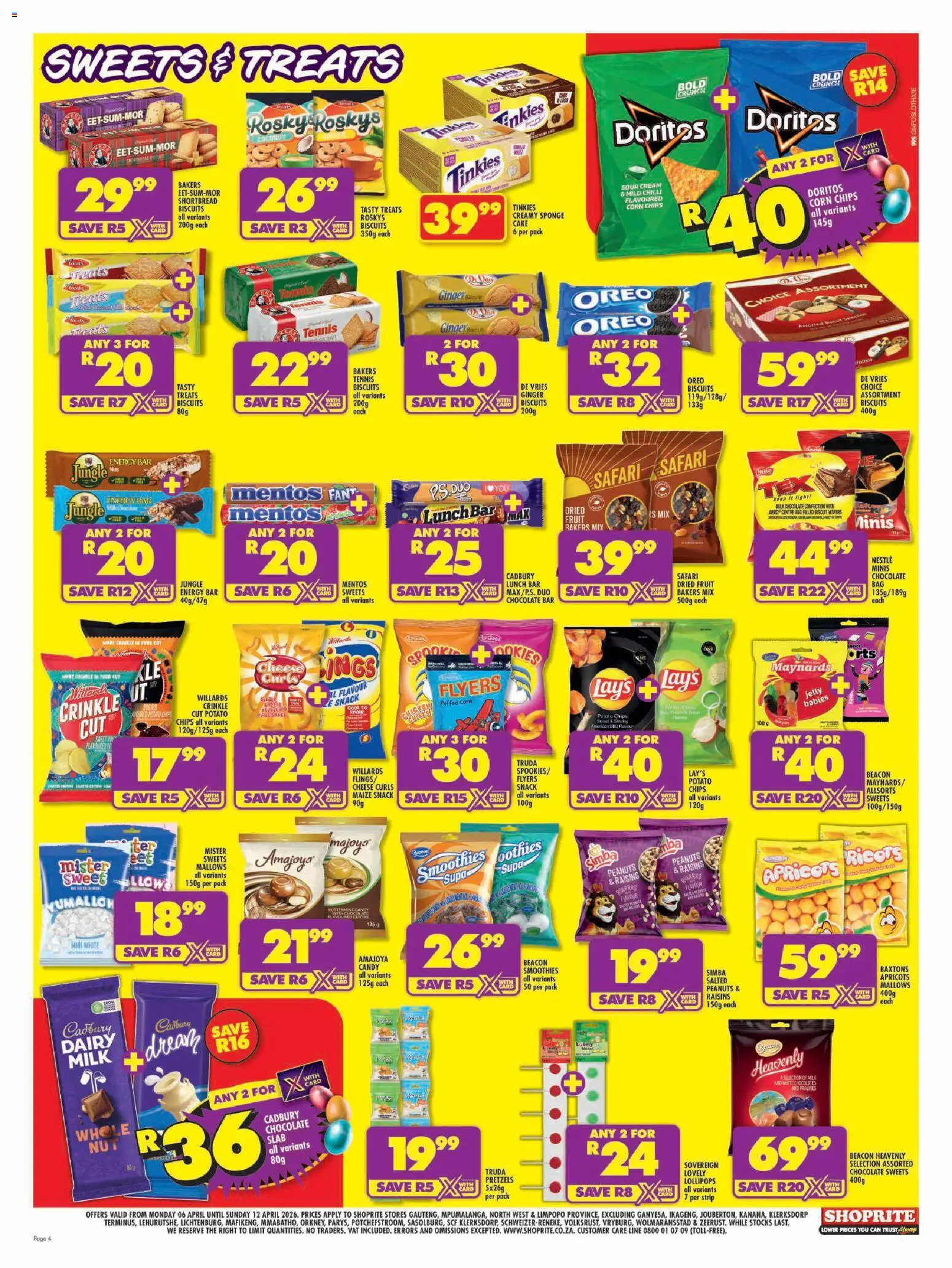 New Shoprite catalogue – valid from 06.04.2026 | Page: 4 | Products: Sweets, Biscuits, Chicken, Peanuts
