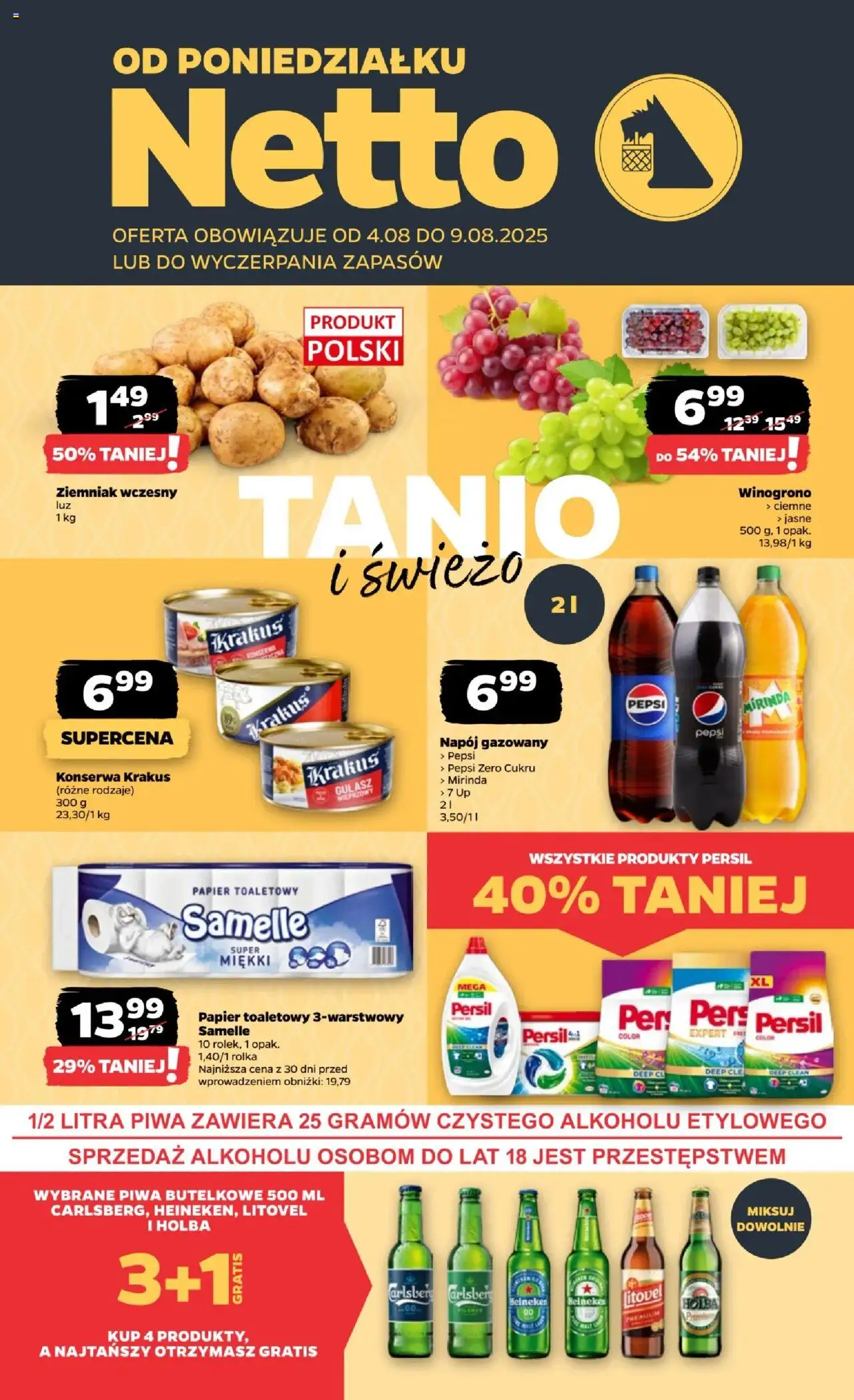 Netto gazetka - Spożywcza od 04.08.2025 | Strona: 1 | Produkty: Winogrono, Papier toaletowy, Pepsi, Heineken
