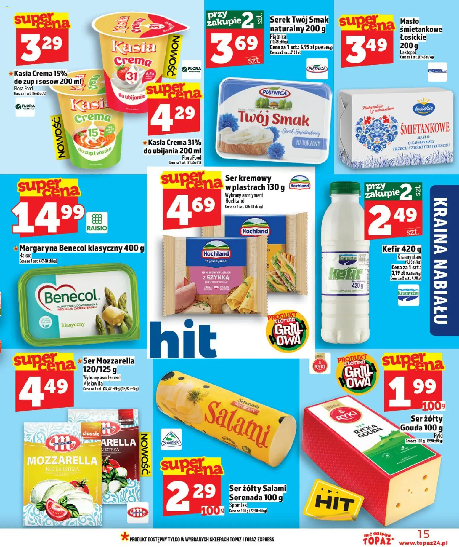 Topaz gazetka od 23.04.2026 | Strona: 15 | Produkty: Kefir, Margaryna, Ser, Mozzarella