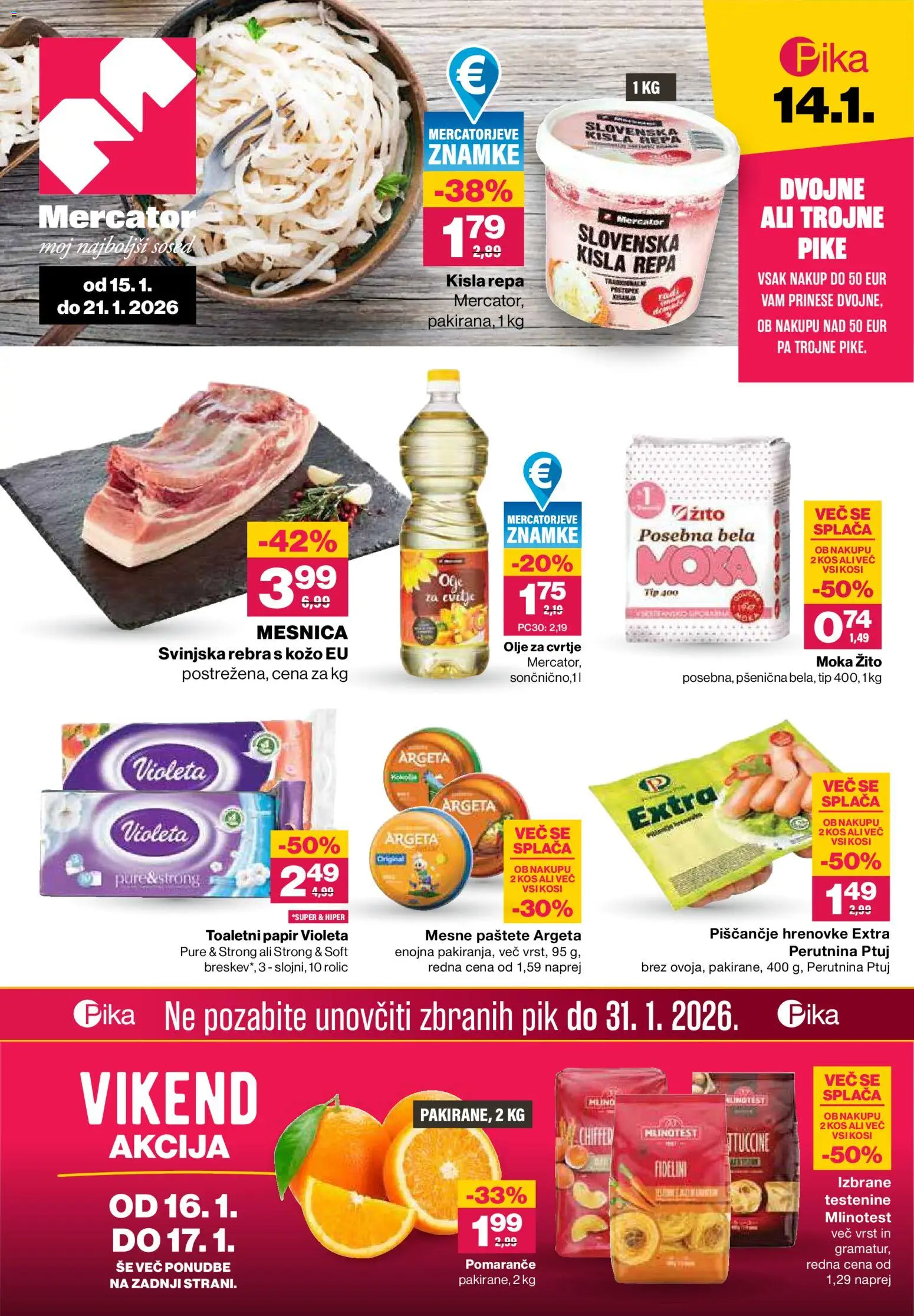 Novi Mercator katalog ponudbe – veljaven od 15.01.2026 | Stran: 1 | Izdelki: Hrenovke, Kos, Olje, Pomarance