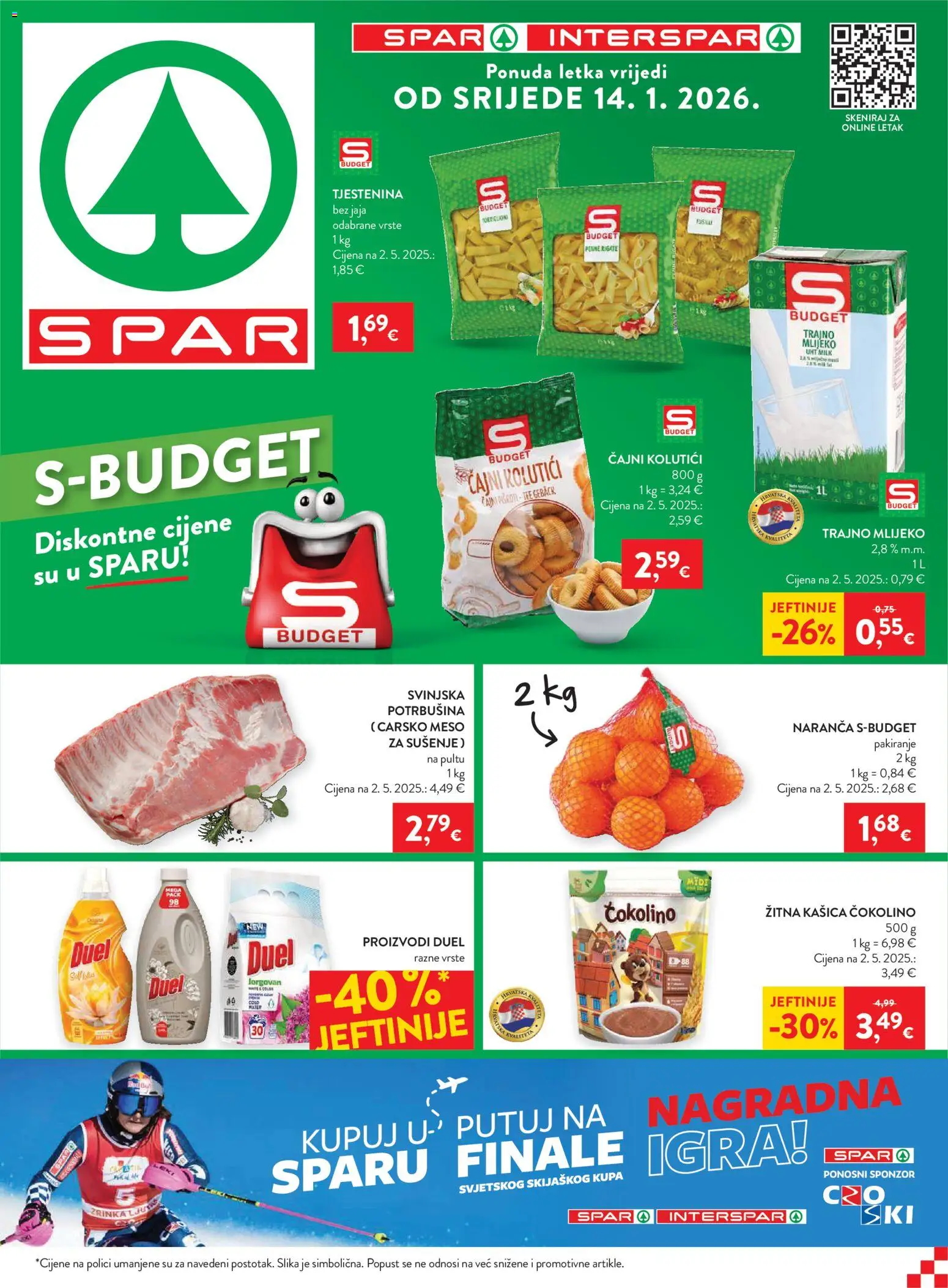 Spar katalog | vrijedi od 14.01.2026 | Stranica: 1 | Proizvodi: Carsko meso, Tjestenina, Trajno mlijeko, Igra