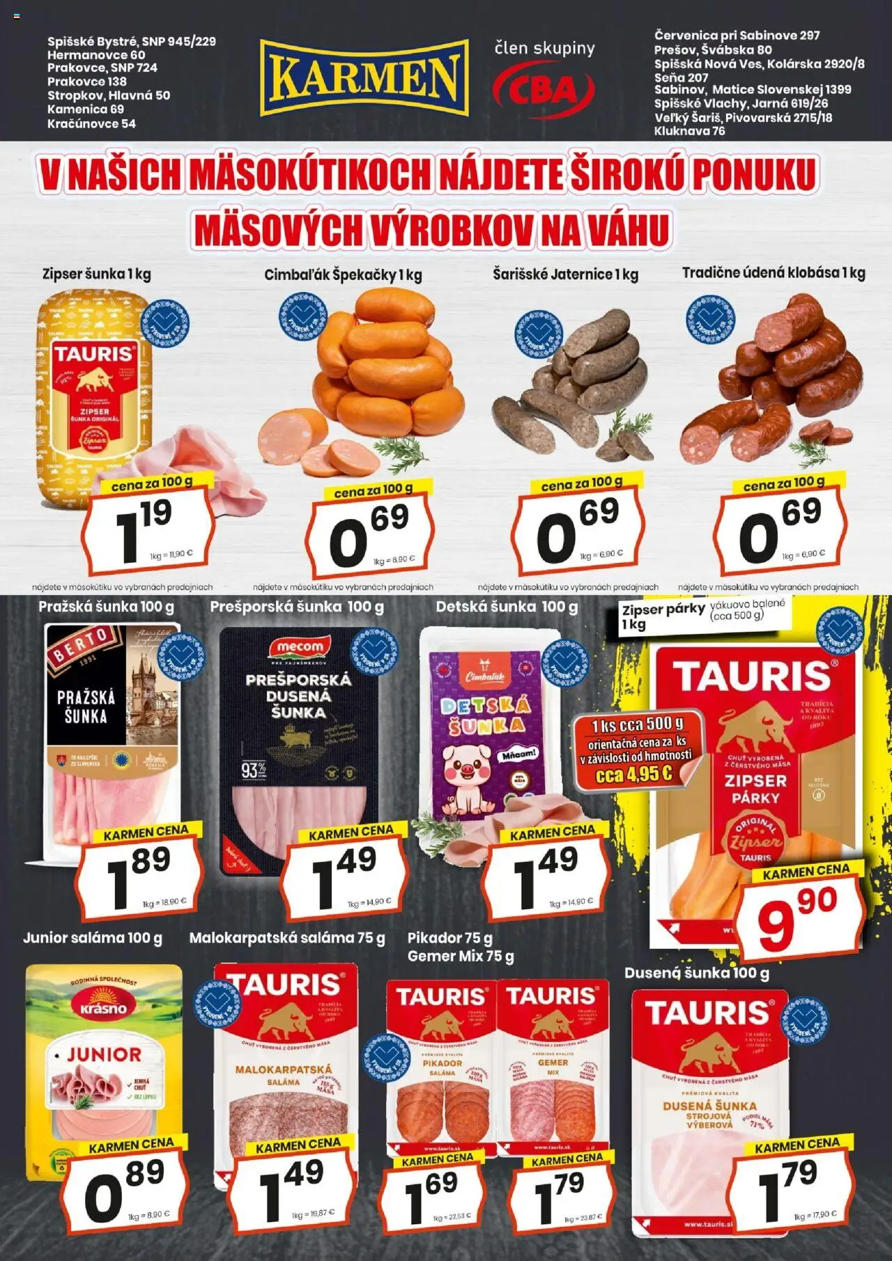 Nové KARMEN CBA akcie – leták je platný od 16.10.2025 | Strana: 4 | Produkty: Saláma, Šunka, Klobása, Párky