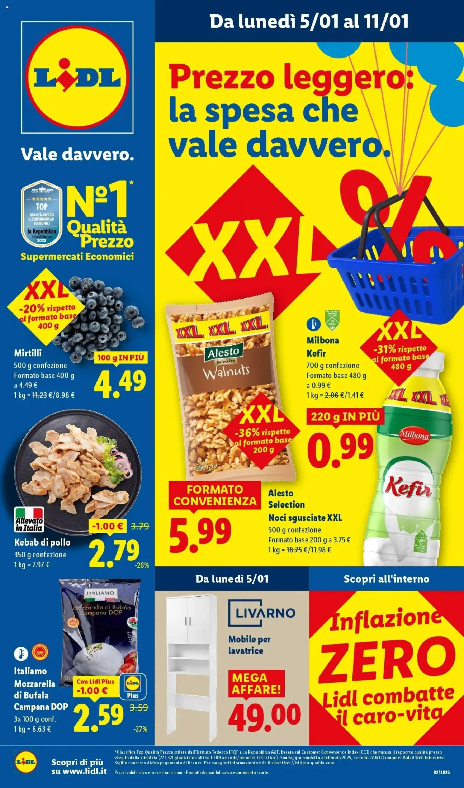 Volantino Lidl del 05.01.2026 | Pagina: 1 | Prodotti: Pollo, Mozzarella, Noci, Lavatrice