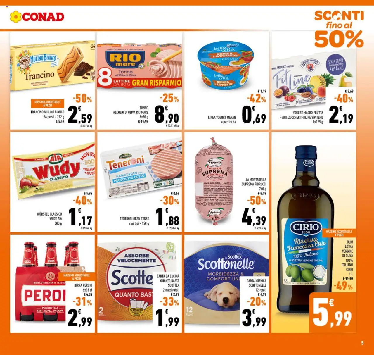 Volantino Conad del 22.10.2025 | Pagina: 5 | Prodotti: Carta igienica, Frutta, Olio, Wurstel