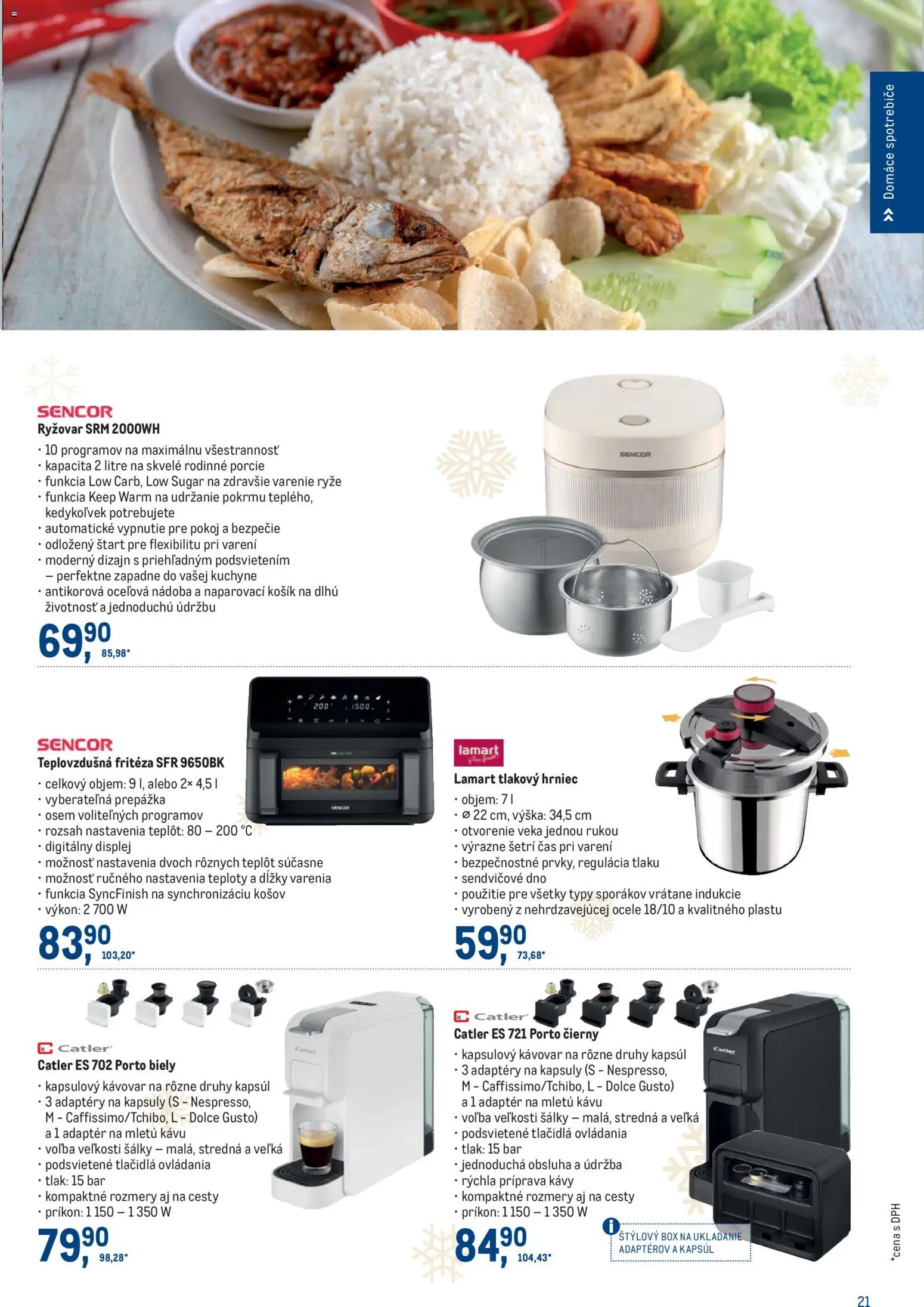 Nové Metro akcie – leták je platný od 19.11.2025 | Strana: 21 | Produkty: Kapsulový kávovar, Fritéza, Teplovzdušná frítéza, Kávovar