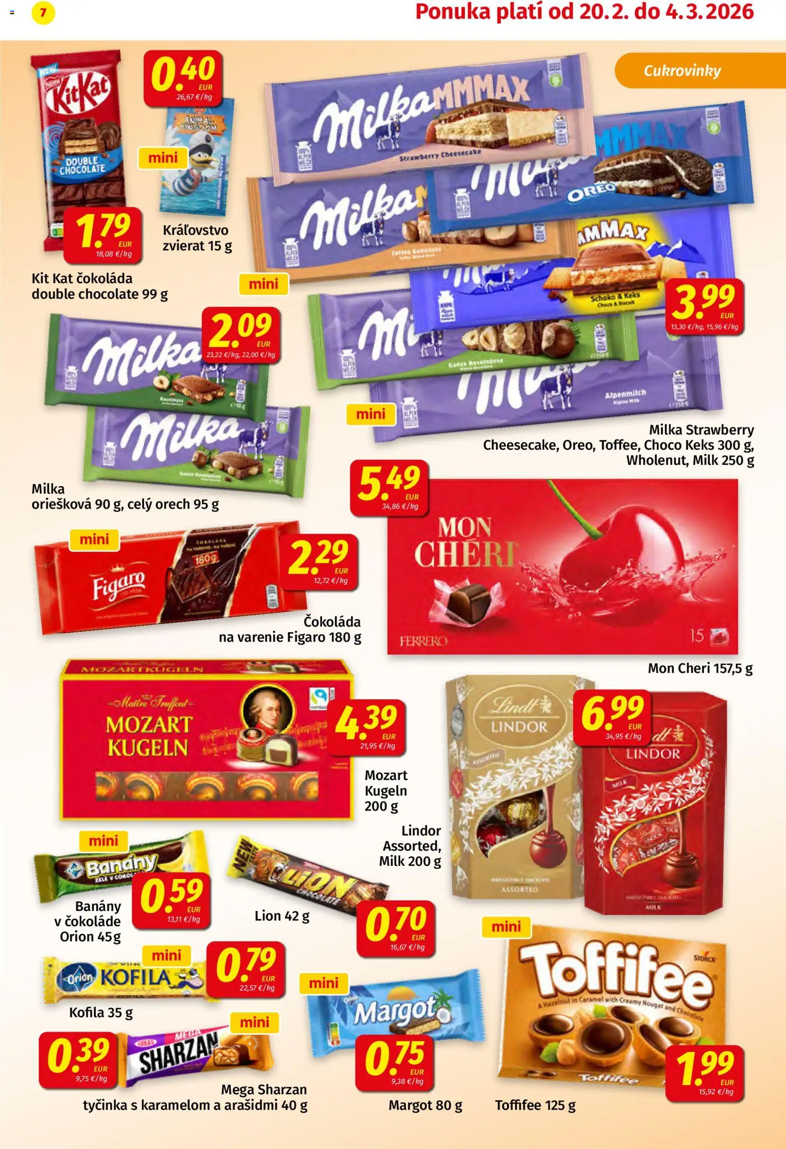 Nové Koruna akcie – leták je platný od 20.02.2026 | Strana: 7 | Produkty: Banány v čokoláde, Mon Chéri, Toffifee, Milka