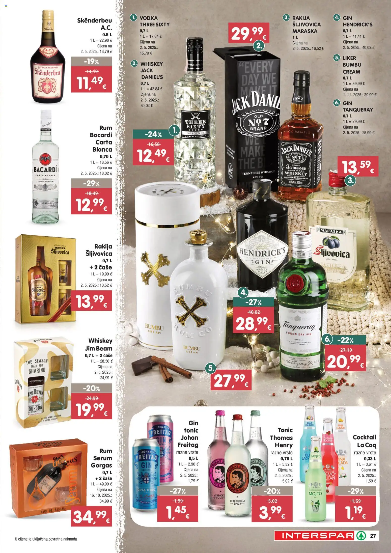 Interspar katalog | vrijedi od 27.11.2025 | Stranica: 27 | Proizvodi: Šljivovica, Gin, Čaše, Rakija