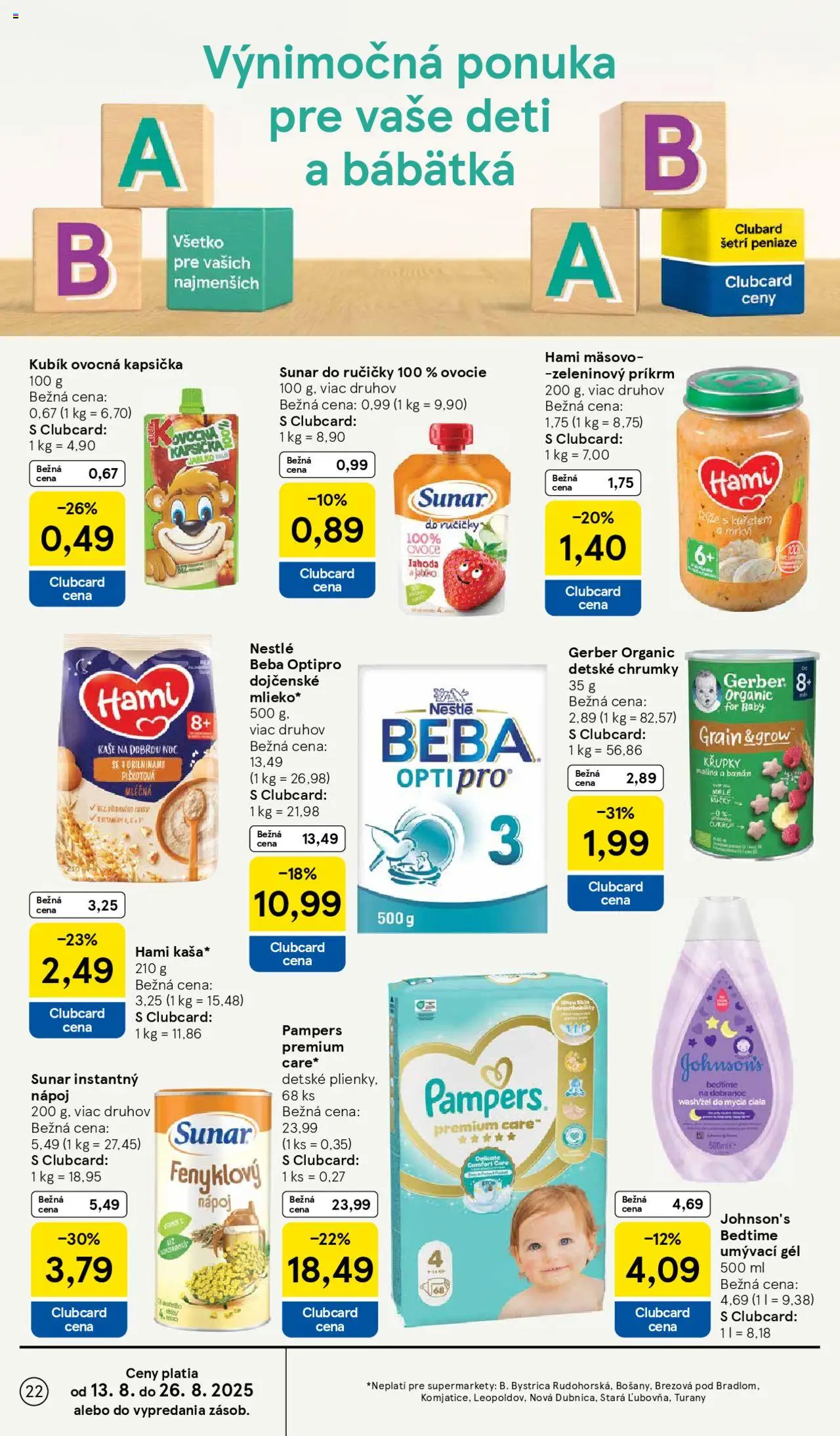 Tesco Supermarket - leták │ platný od 13.08.2025 | Strana: 22 | Produkty: Sunar, Pampers, Ovocie, Beba
