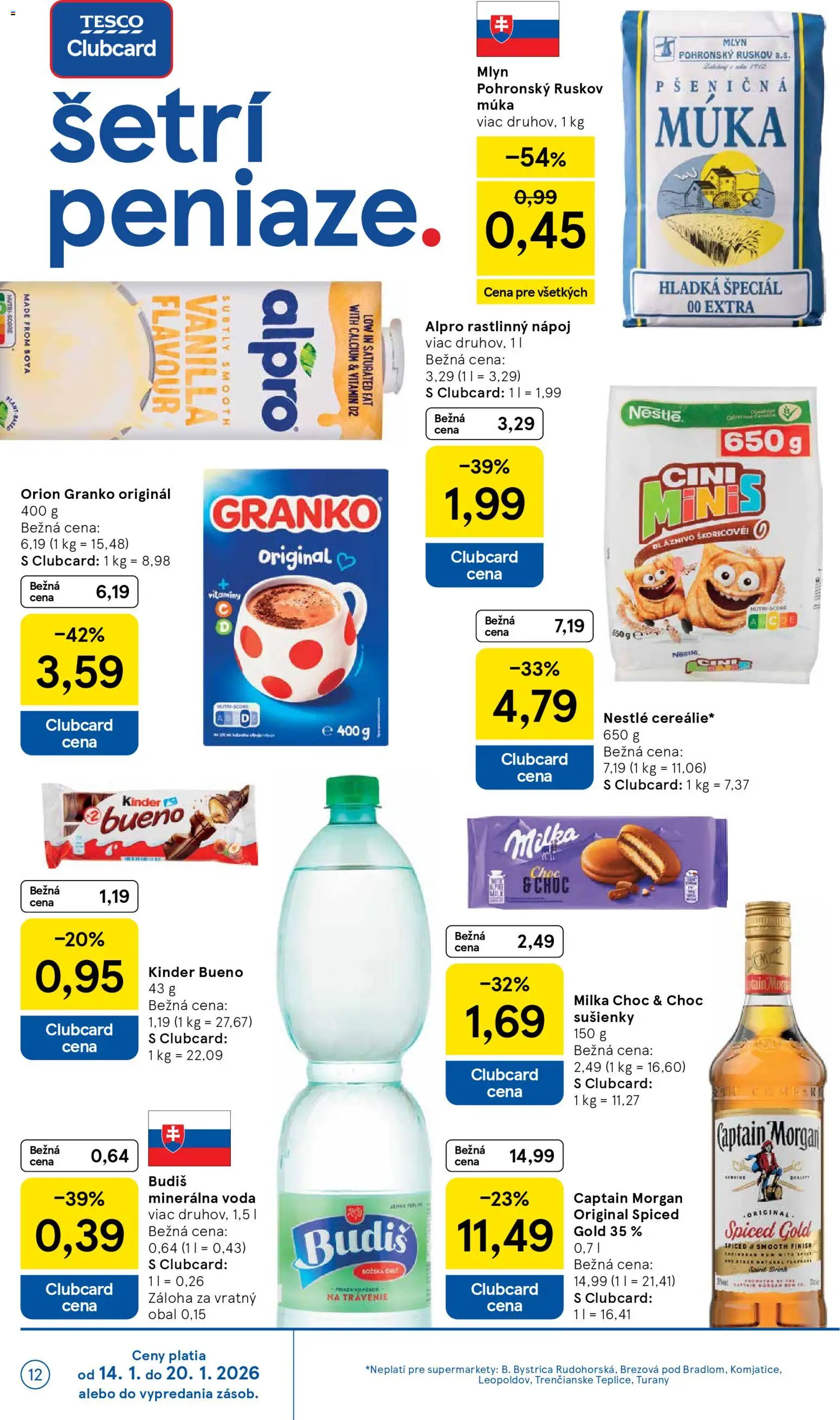 Nové Tesco akcie – leták je platný od 14.01.2026 | Strana: 12 | Produkty: Kinder Bueno, Múka, Milka, Voda
