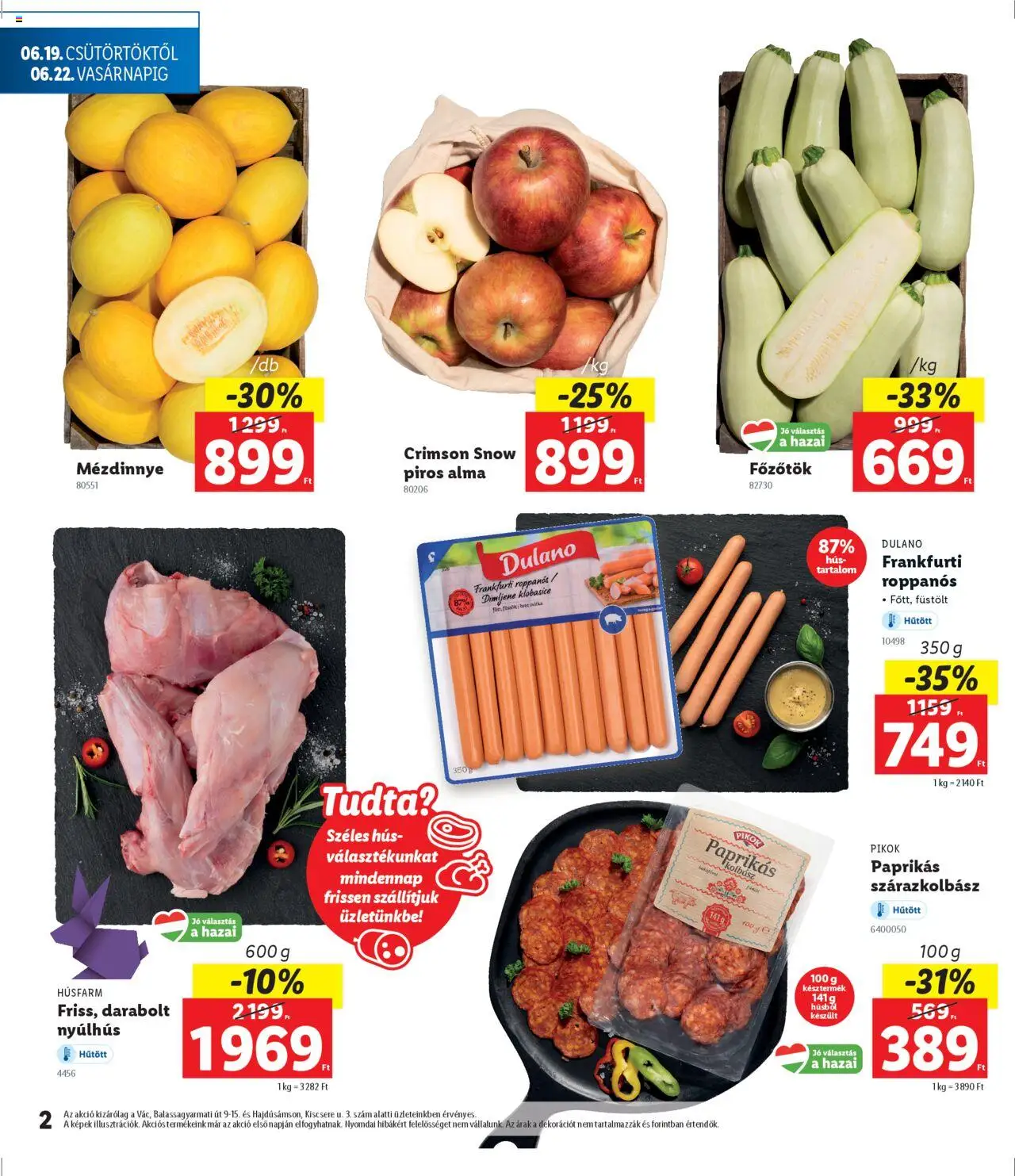 Lidl akciós ujság - amely érvényes a következő dátumtól: 19.06.2025 | Oldal: 2 | Termékek: Kolbász, Hús, Nyúlhús, Alma