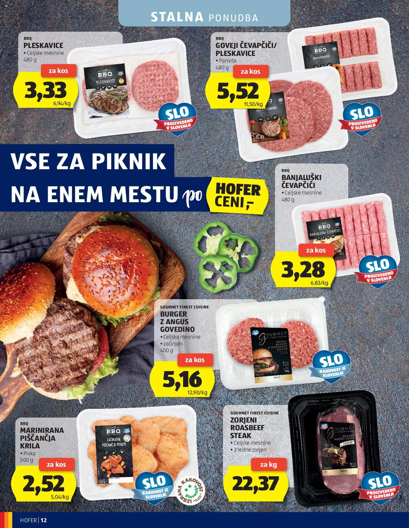 Novi Hofer katalog ponudbe – veljaven od 29.04.2026 | Stran: 12 | Izdelki: Čevapčiči, Piščančja krila, Pleskavice, Kos