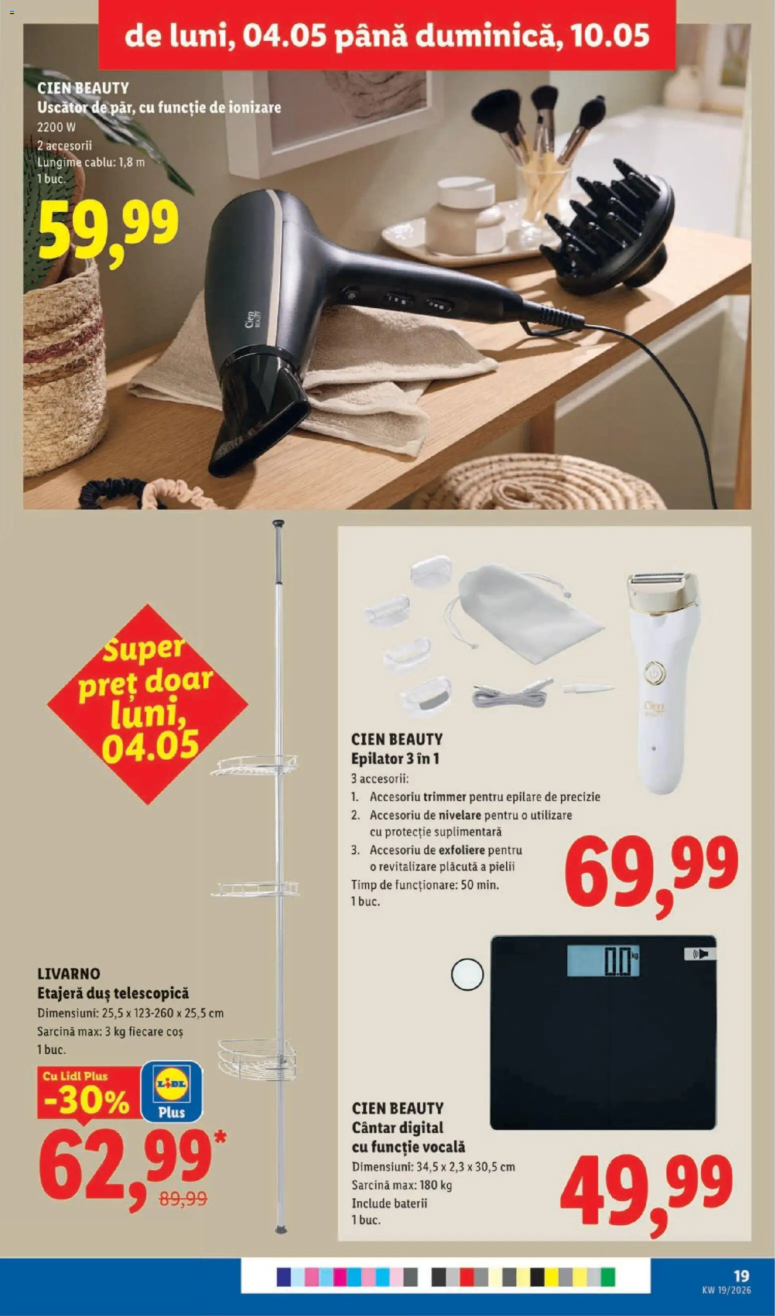 Noul catalog Lidl – valabil de la 04.05.2026 | Pagină: 19 | Produse: Trimmer, Uscător, Epilator, Cântar