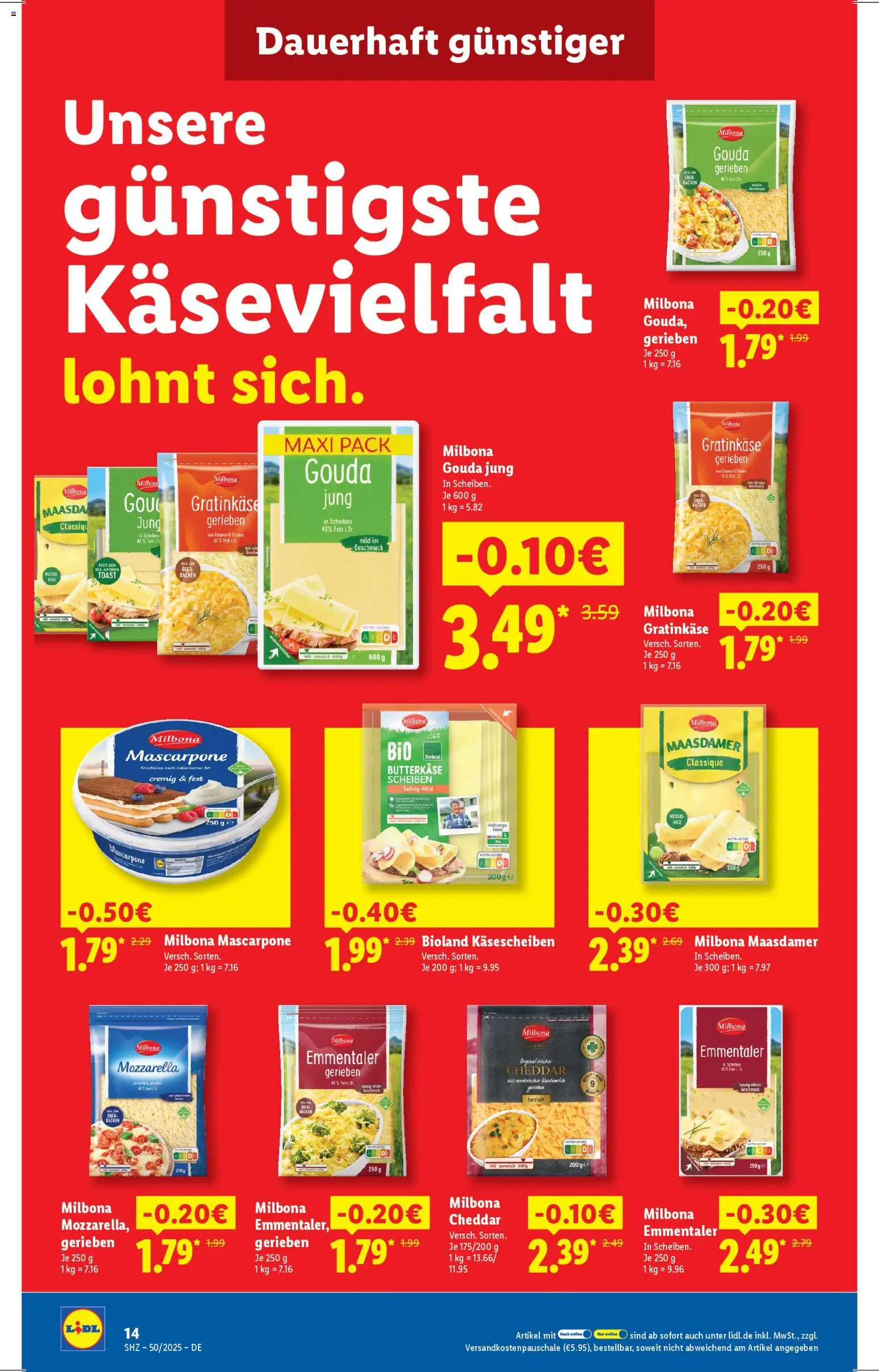 Lidl - Prospekt – gültig ab 08.12.2025 | Seite: 14 | Produkte: Mascarpone, Toast, Mozzarella, Gouda