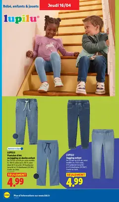 LIDL - Prévisualisation de LUPILU Pantalon d'été ou jogging en denim enfant, Du 2/4 ans au 6/8 ans selon modèle Ex. 100% coton ou Ex. 60% coton (dont 20% recyclé), 39 % polyester (recyclé) et 1% élasthanne (LYCRA). L'unité au choix valide à partir de 16.04.2026 | Page: 34 | Produits: Coton, Jouets, Pantalon