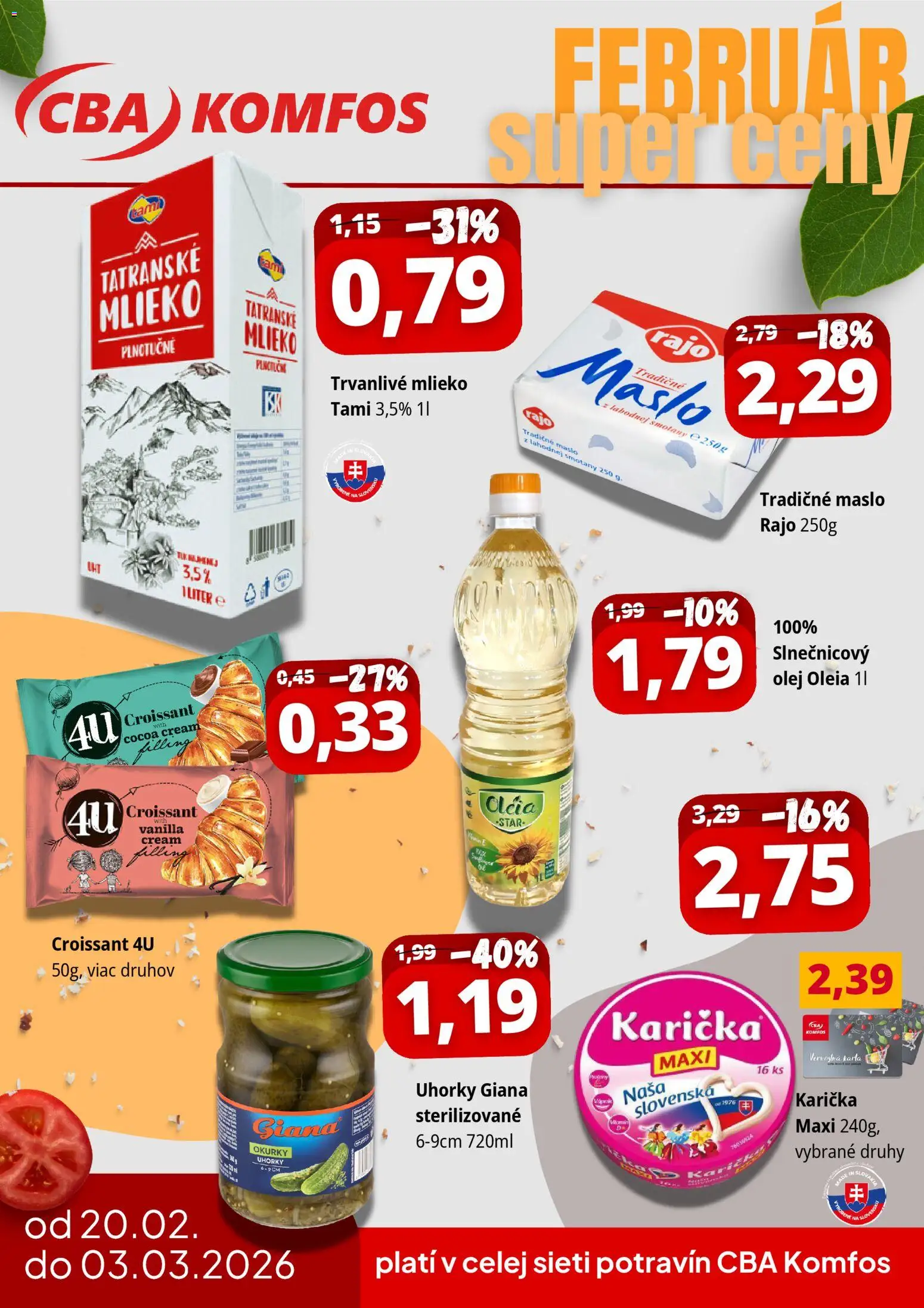 Nové CBA Komfos akcie – leták je platný od 20.02.2026 | Strana: 1 | Produkty: Maslo, Mlieko, Olej, Uhorky