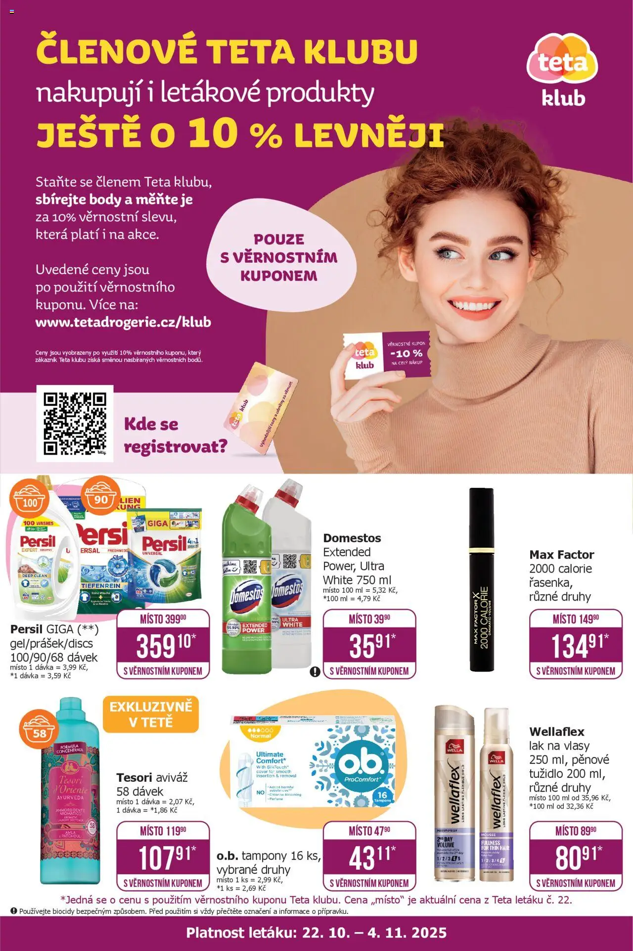 TETA Drogerie leták - Klub od 22.10.2025 | Strana: 1 | Produkty: Domestos, Body, Tampony, Tužidlo