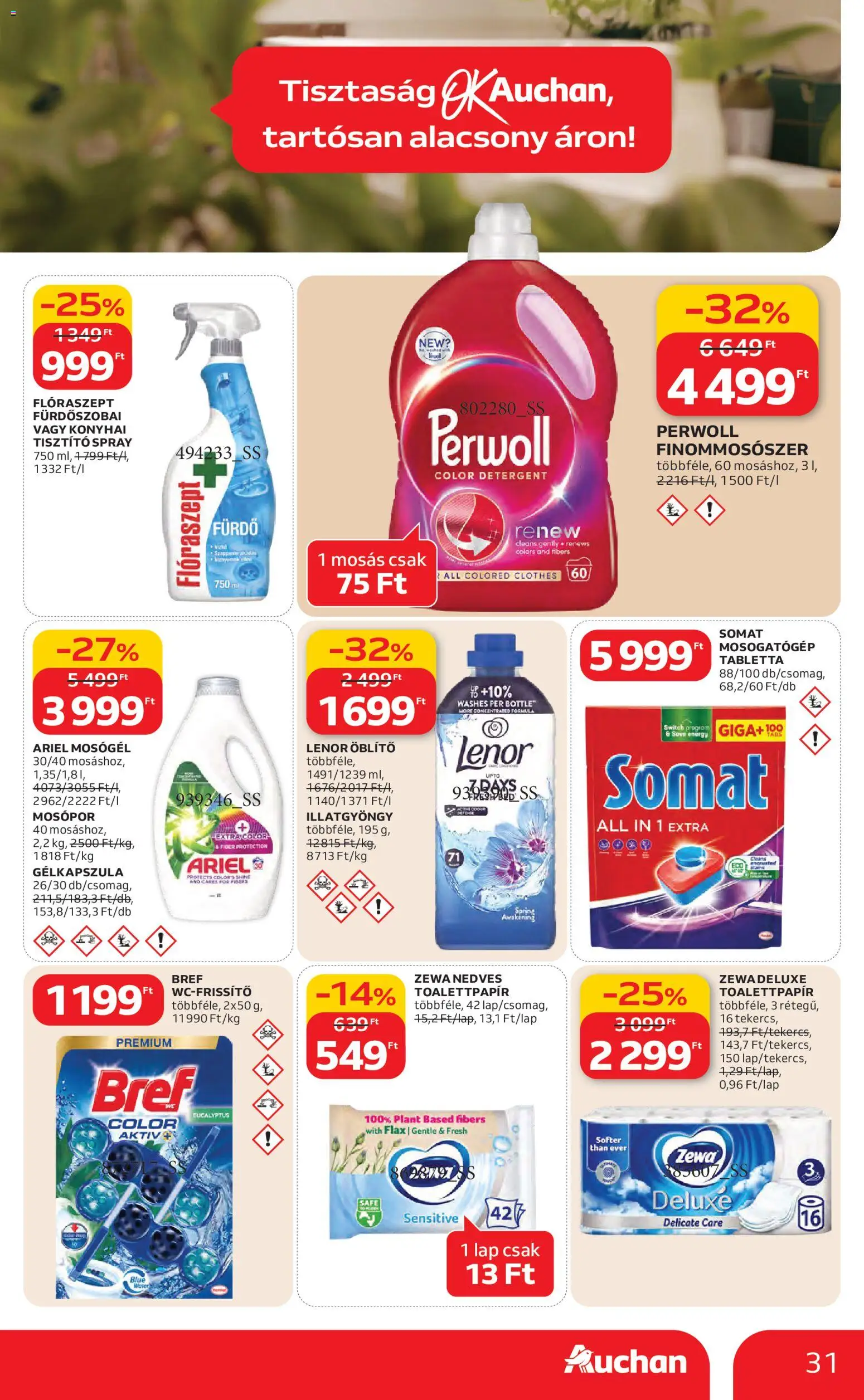Auchan akciós ujság - amely érvényes a következő dátumtól: 26.02.2026 | Oldal: 31 | Termékek: Ariel, Mosógél, Öblítő, Mosogatógép tabletta