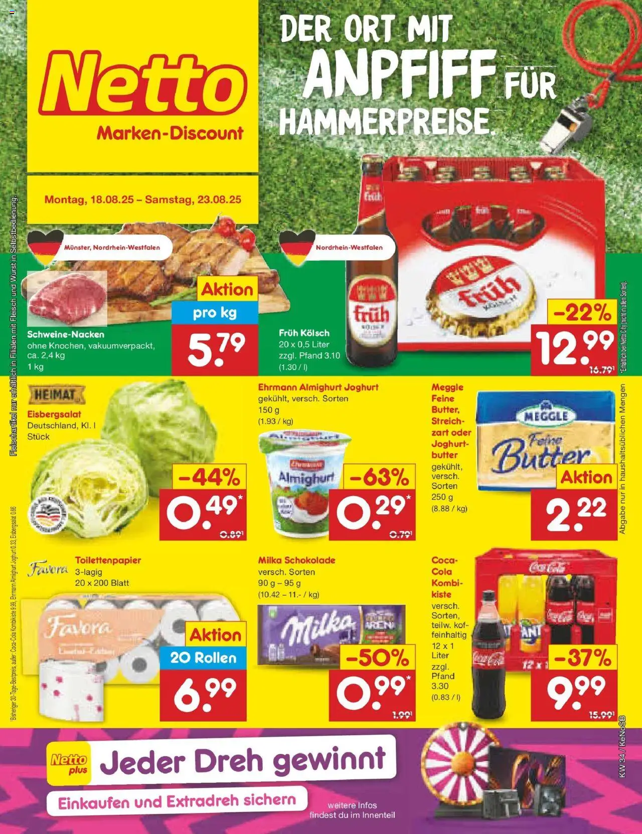 Netto Marken-Discount prospekt Bonn	 - gültig ab dem 18.08.2025 | Seite: 1 | Produkte: Ehrmann almighurt, Milka schokolade, Wurst, Toilettenpapier