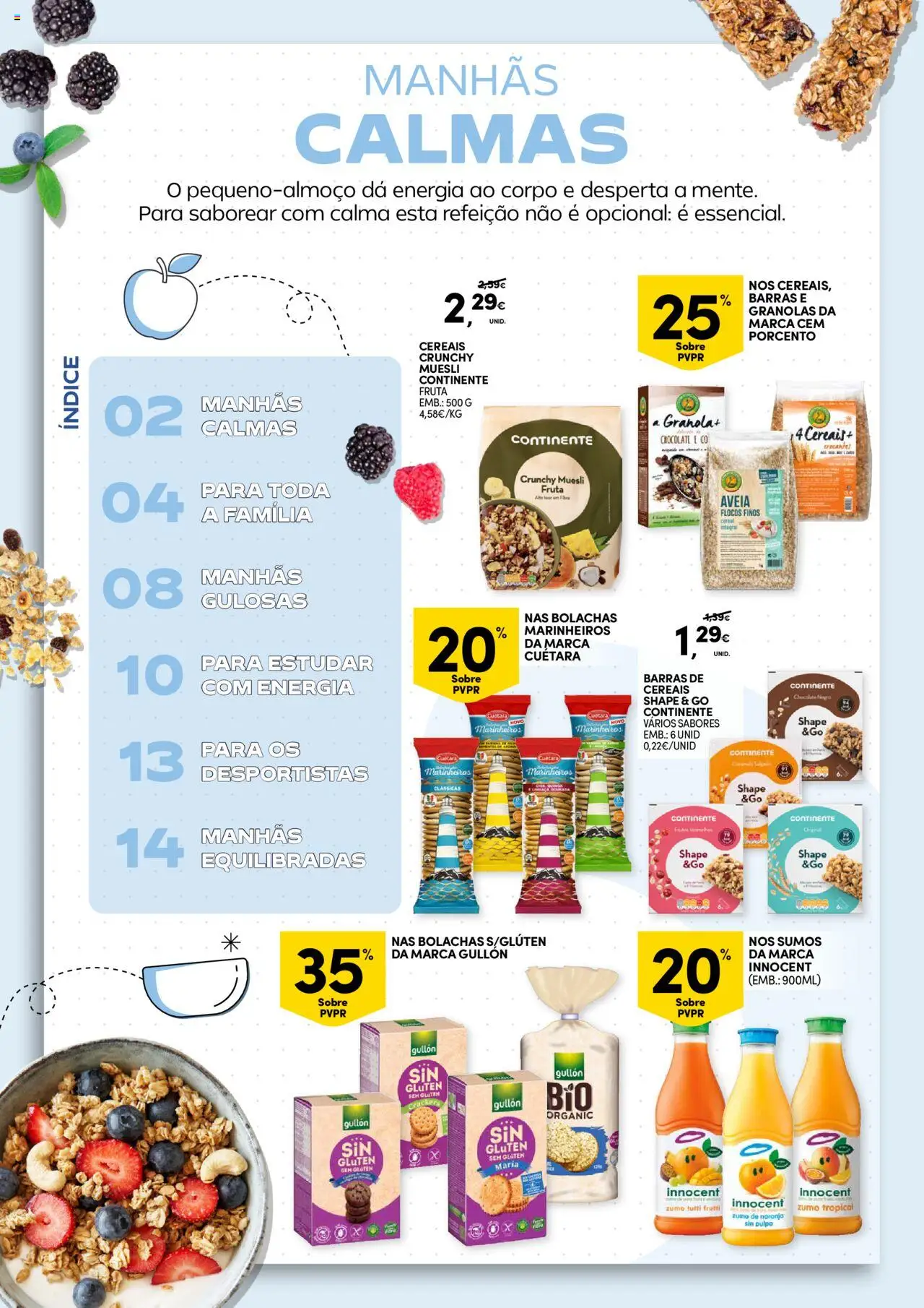 Continente Pequeno Almoço: Regressamos com energia │ válido de 19.08.2025 | Página: 2 | Produtos: Aveia, Barras de cereais, Bolachas, Cereais