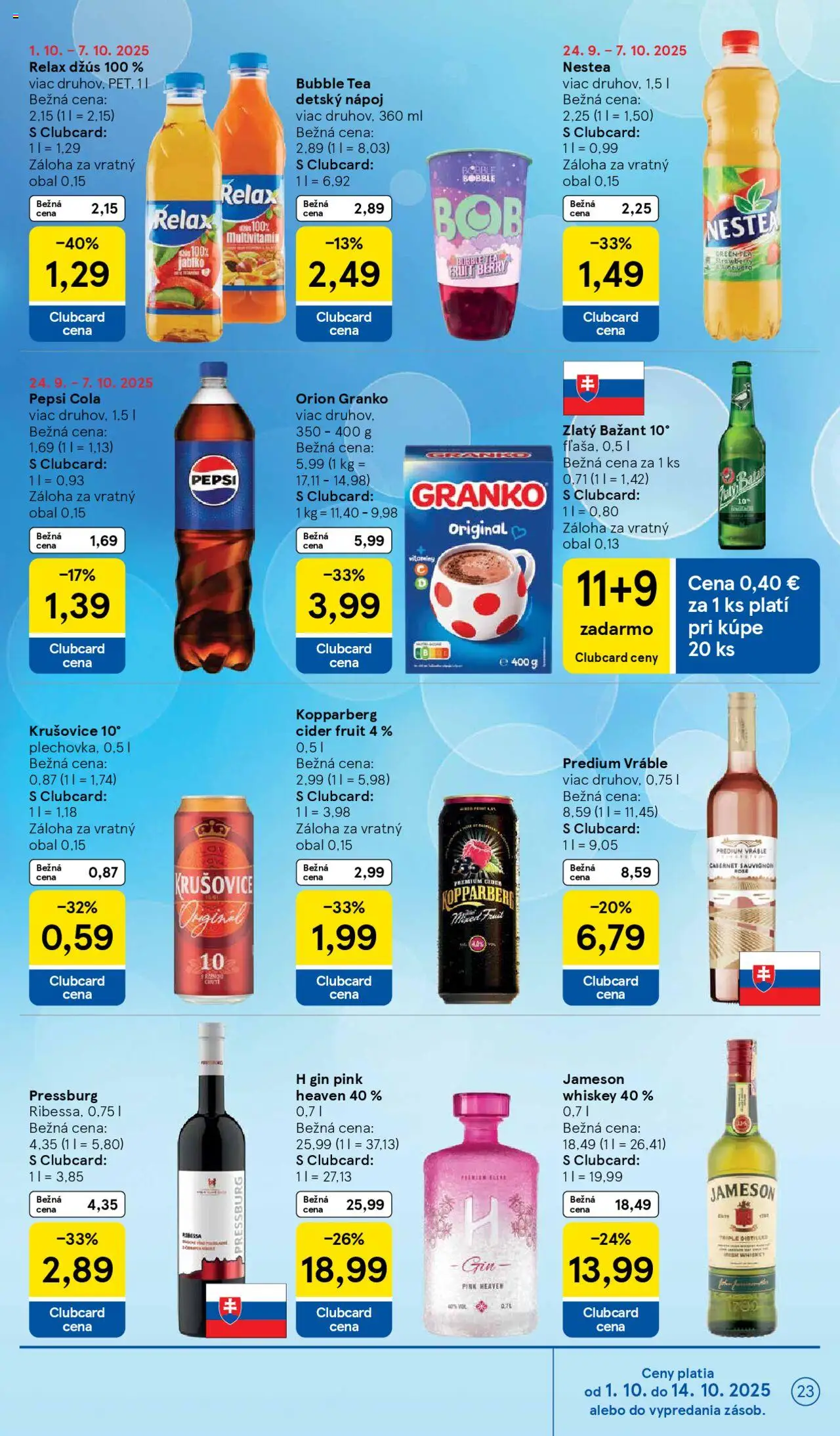 Nové Tesco akcie – leták je platný od 01.10.2025 | Strana: 23 | Produkty: Jameson, Krušovice, Zlatý Bažant, Cola