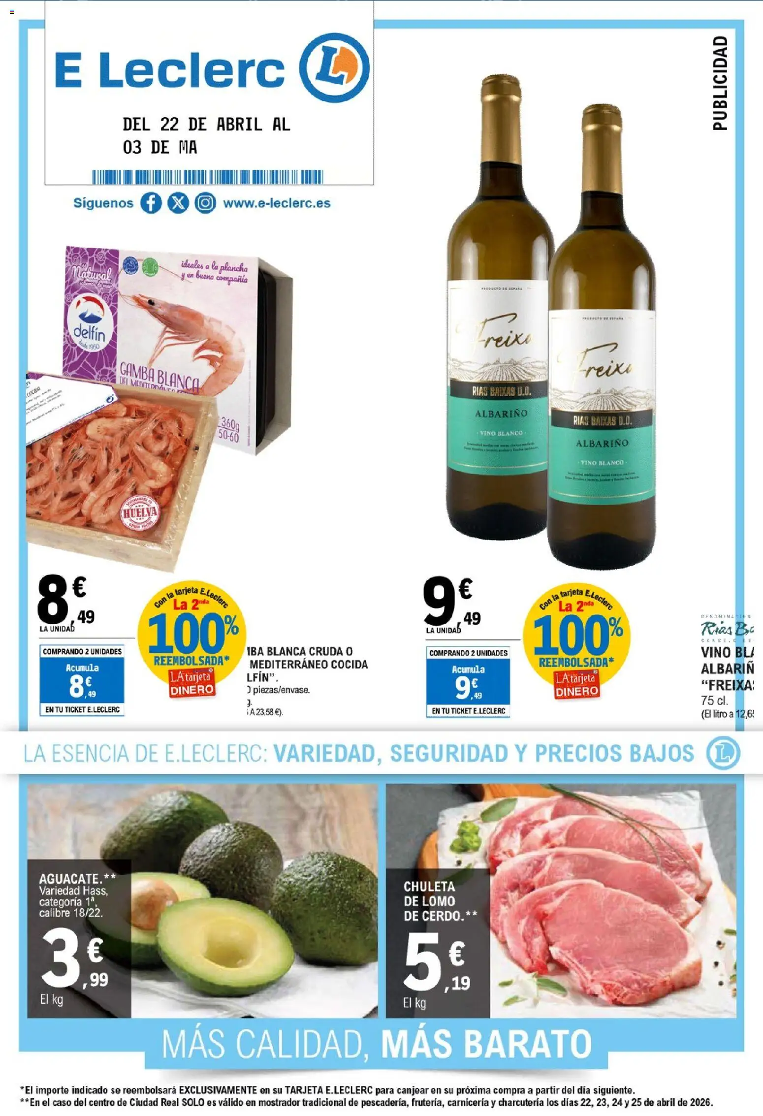 E.Leclerc folleto │ válido desde el 22.04.2026 | Página: 1 | Productos: Vino, Cerdo, Plancha, Gamba