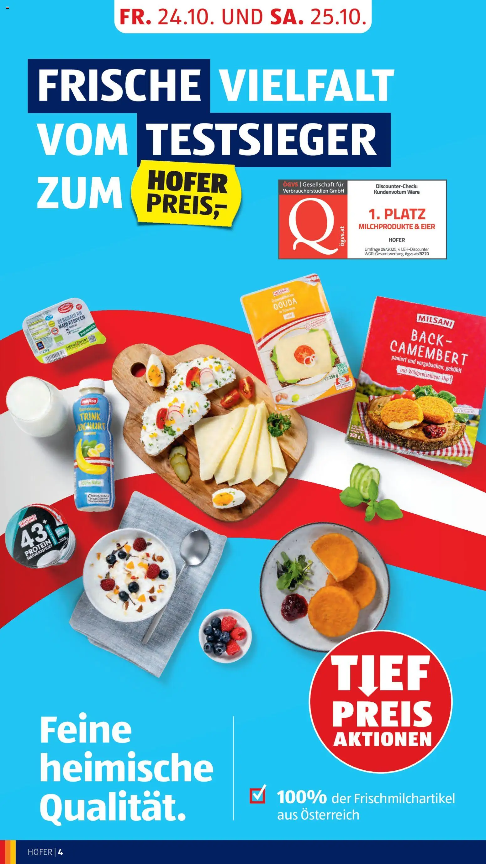 Hofer AT akciós ujság - amely érvényes a következő dátumtól: 24.10.2025 | Oldal: 6 | Termékek: Gouda, Protein, Joghurt, Camembert