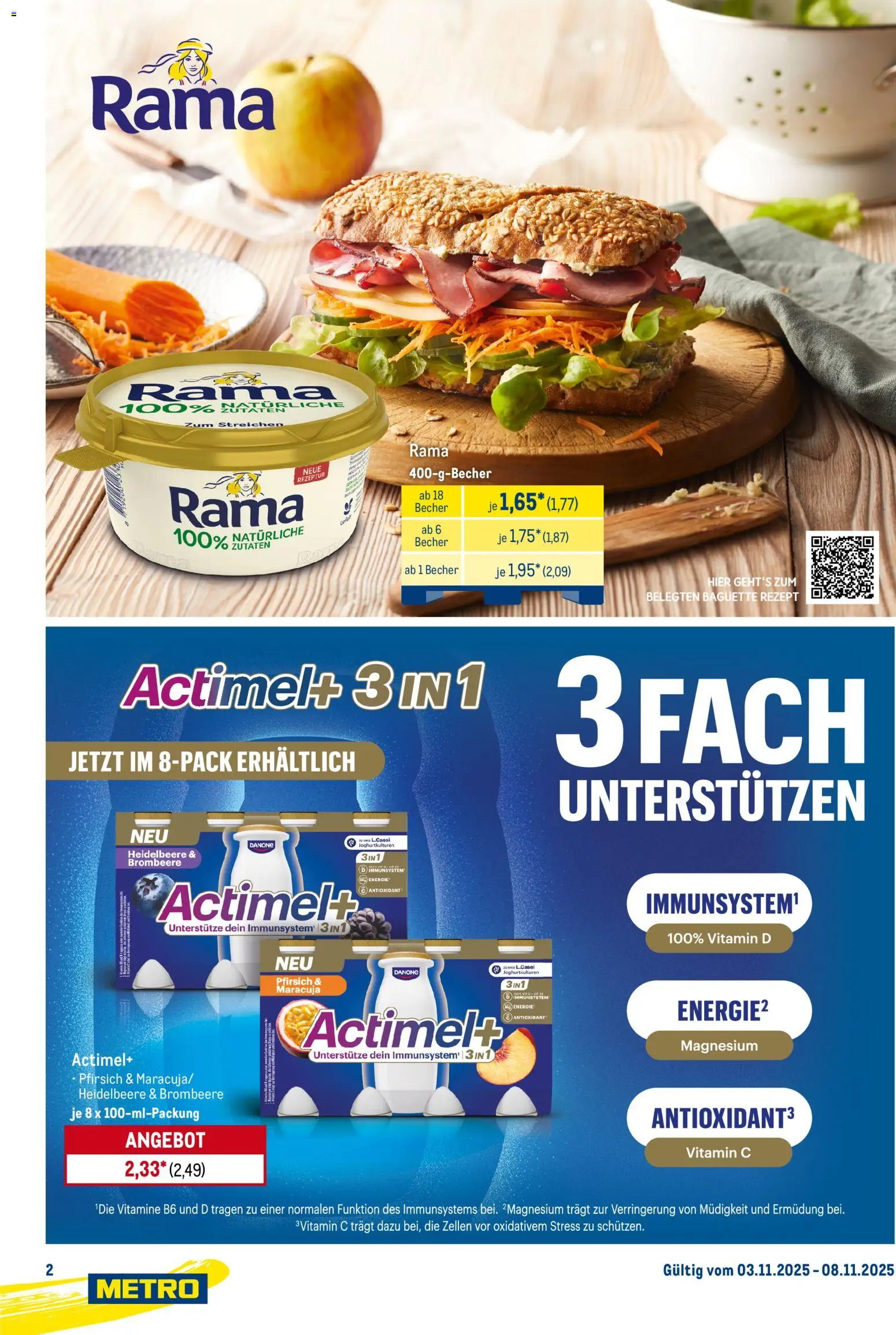 Metro Starke Marken – gültig ab 03.11.2025 | Seite: 2 | Produkte: Actimel, Rama, Baguette, Pfirsich