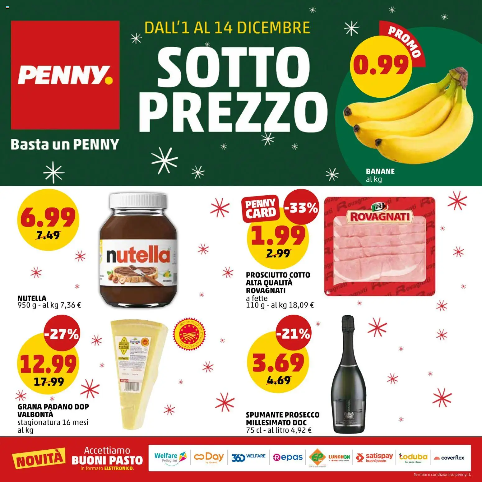 Volantino PENNY del 01.12.2025 | Pagina: 1 | Prodotti: Banane, Prosecco, Prosciutto, Grana Padano