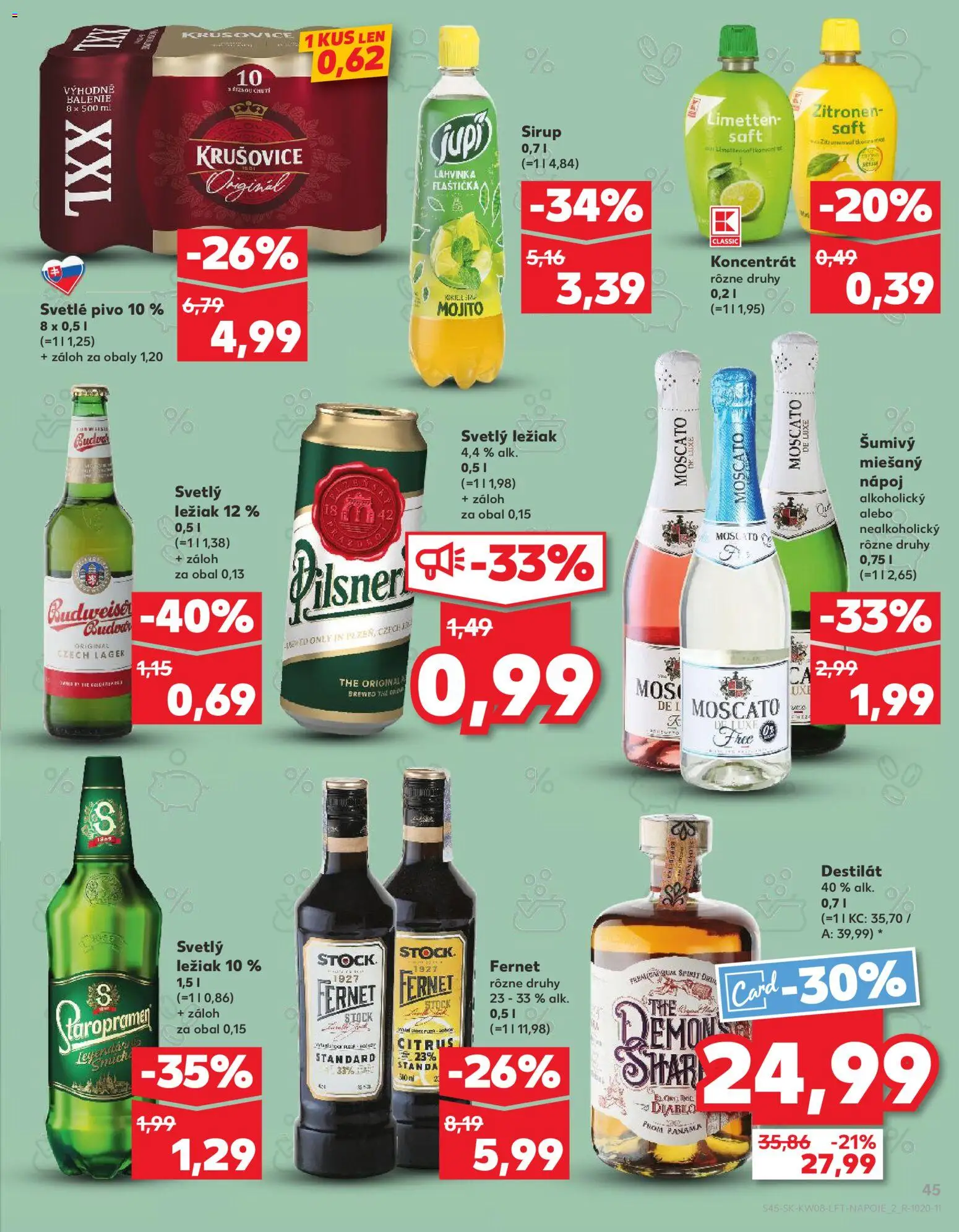 Nové Kaufland akcie – leták je platný od 19.02.2026 | Strana: 45 | Produkty: Pivo, Staropramen, Fernet, Destilát