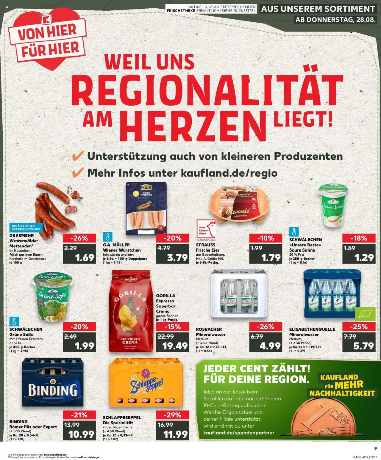 Kaufland prospekt Dreieich	 – gültig ab 28.08.2025 | Seite: 9 | Produkte: Wiener wurstchen, Mineralwasser, Soße, Sahne
