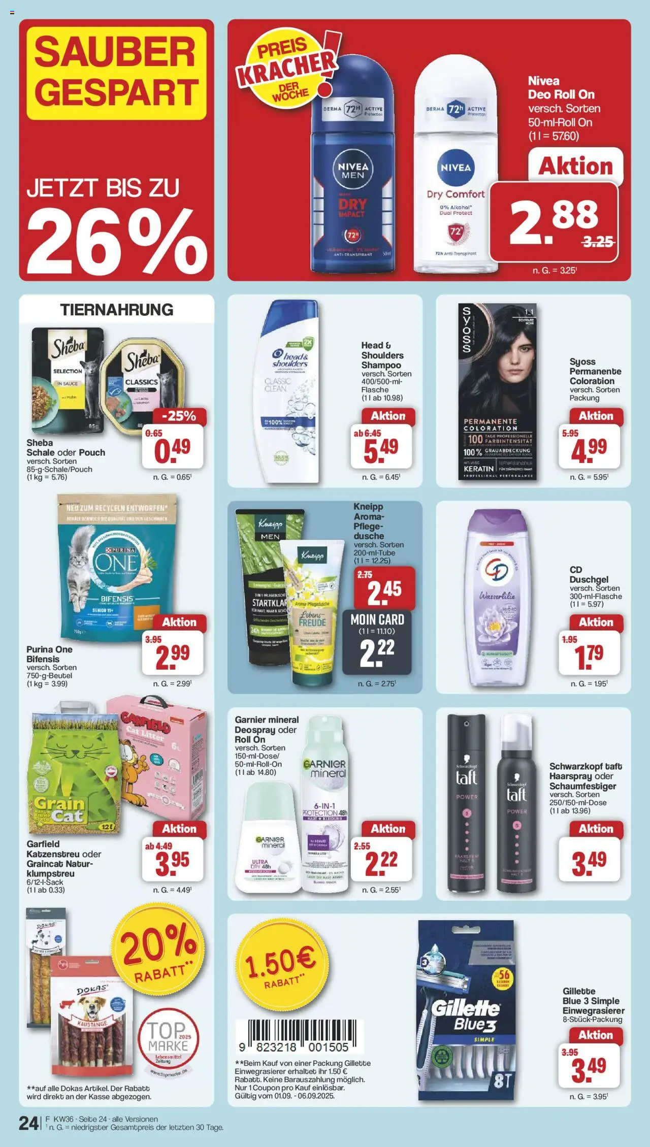 Famila Nordwest Markt - Angebote - gültig ab dem 01.09.2025 | Seite: 28 | Produkte: Purina one, Sheba, Haarspray, Deospray