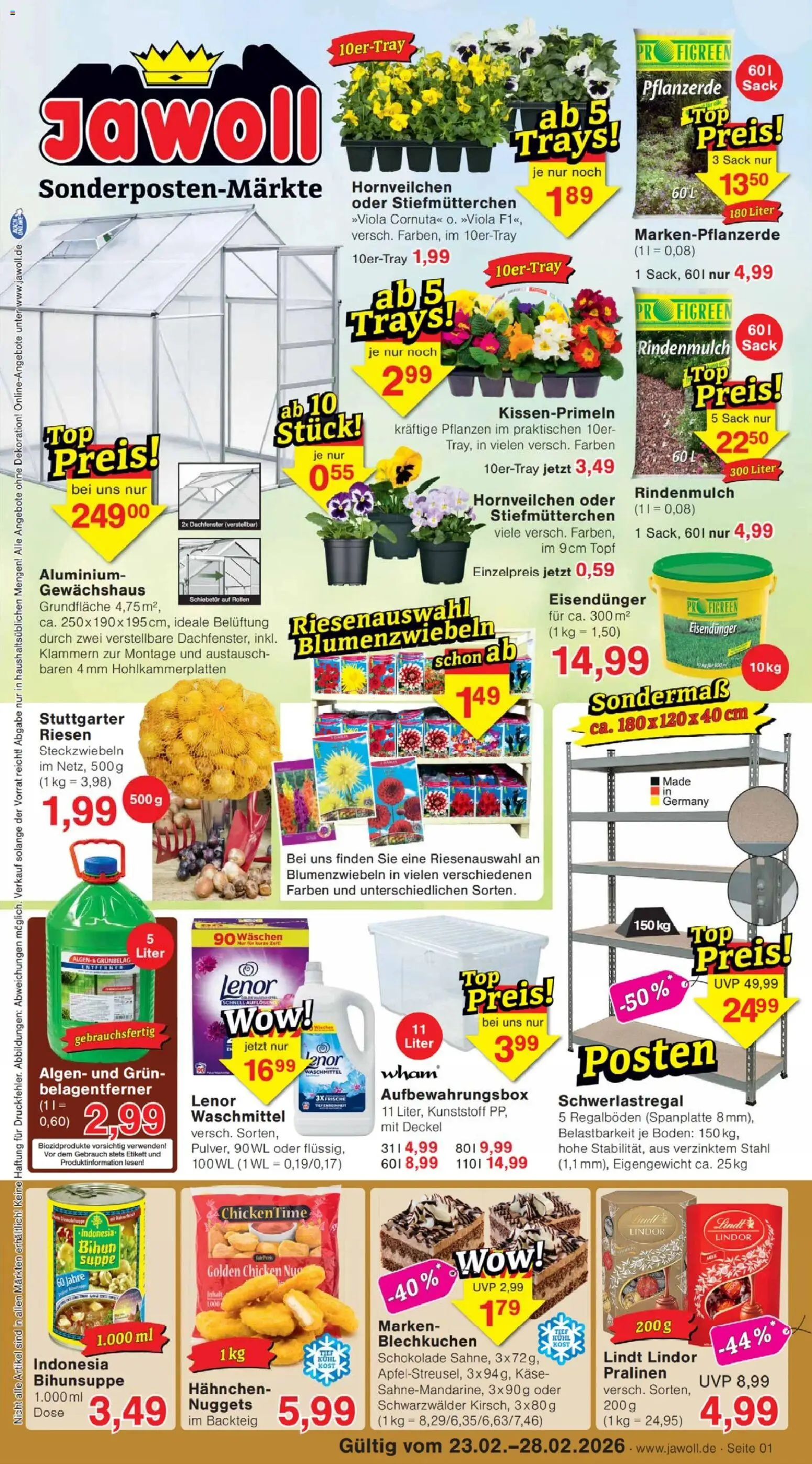 Jawoll Prospekt – gültig ab 23.02.2026 | Seite: 1 | Produkte: Lenor, Hahnchen, Stiefmutterchen, Schokolade