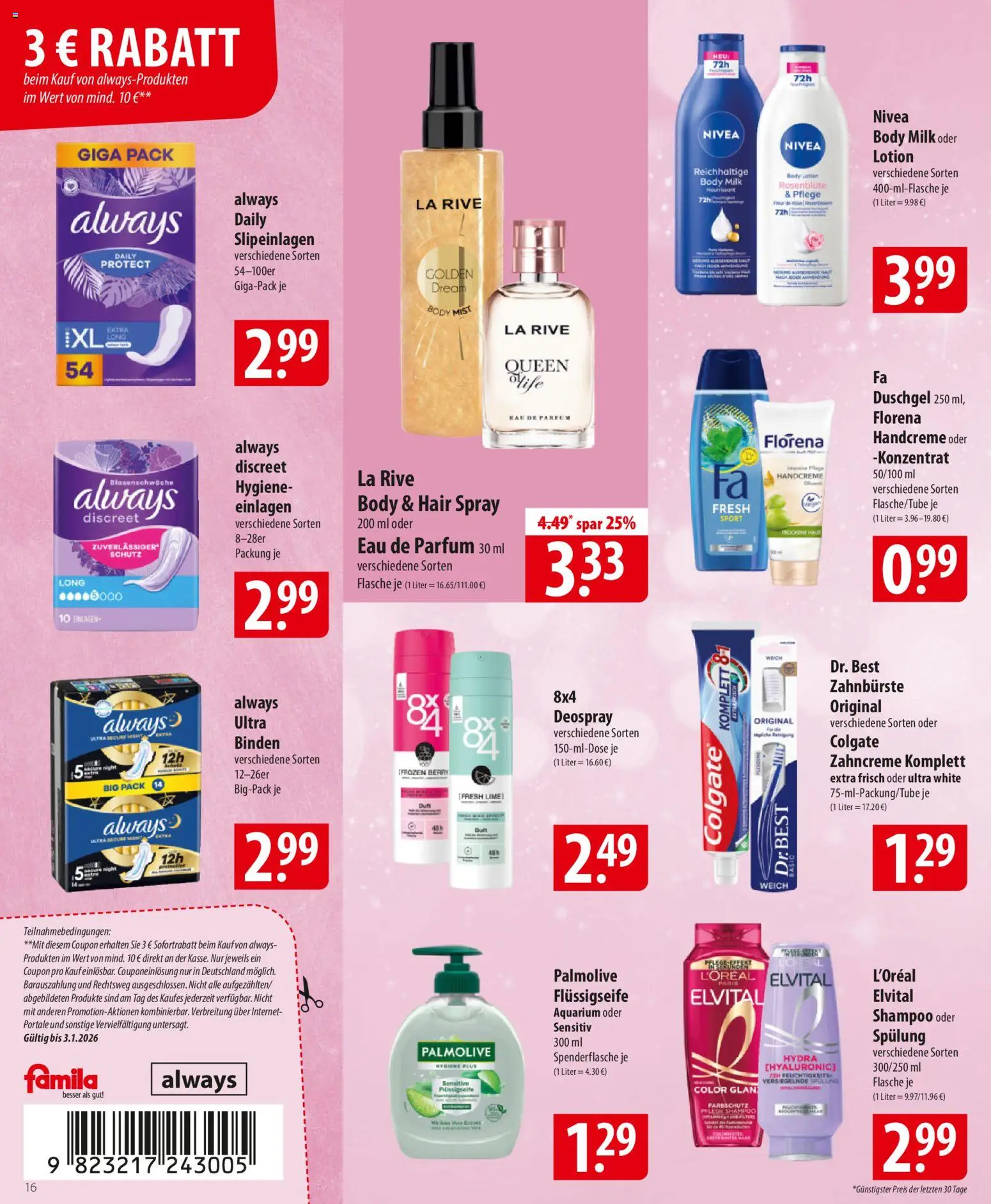 Famila Prospekt 	 – gültig ab 29.12.2025 | Seite: 16 | Produkte: Parfüm, Shampoo, Deospray, Eau de Parfum